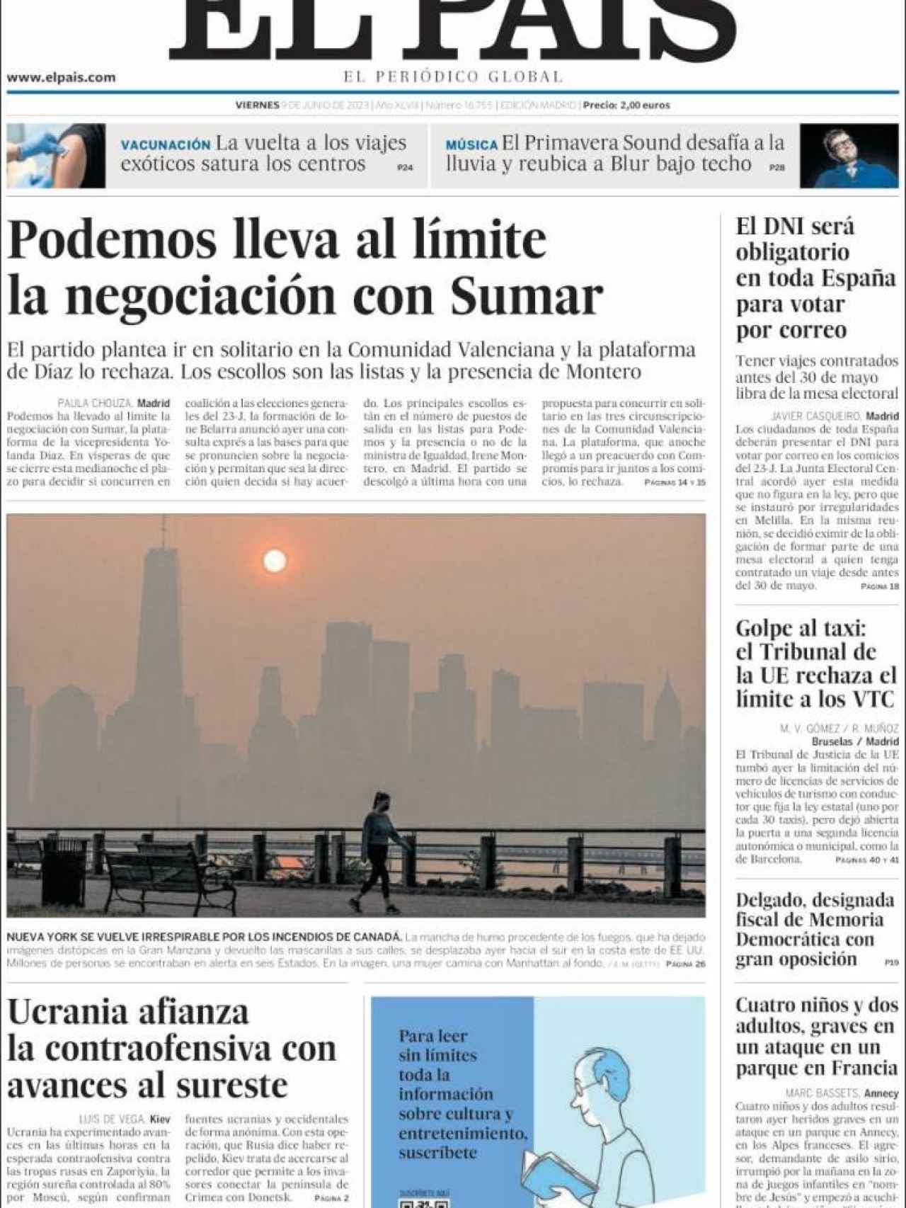 Portada de 'El País' de 9 de junio de 2023
