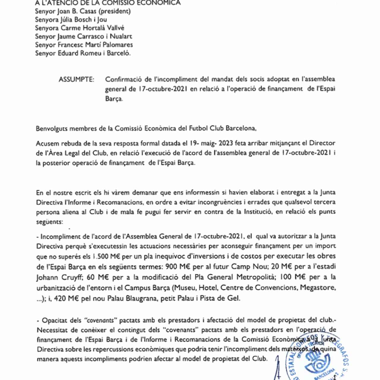 Fragmento del burofax enviado por Jaume Llopis a la Comisión Económica del Barça