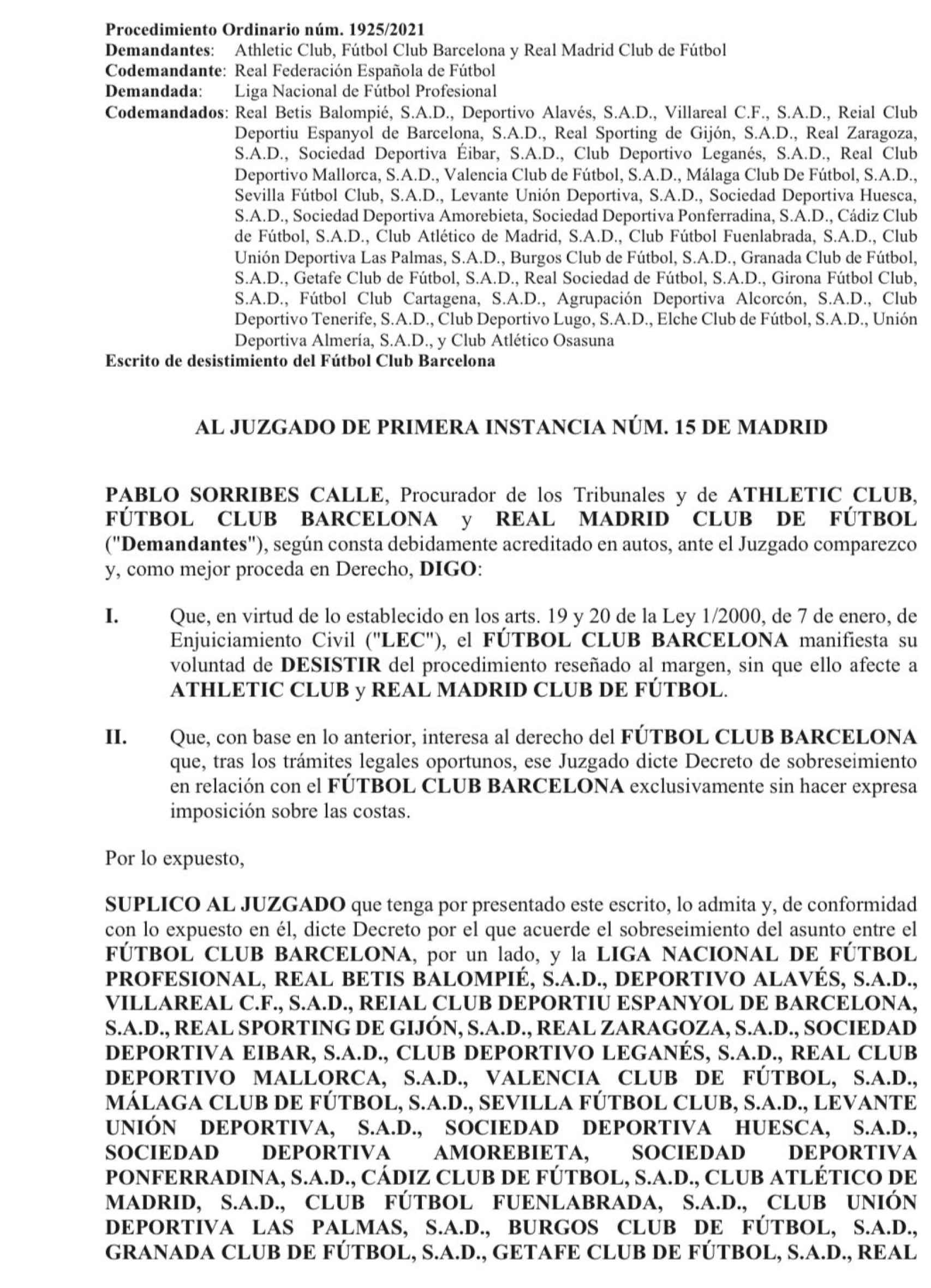 Escrito de desistimiento del Barça de la causa contra la Liga y CVC