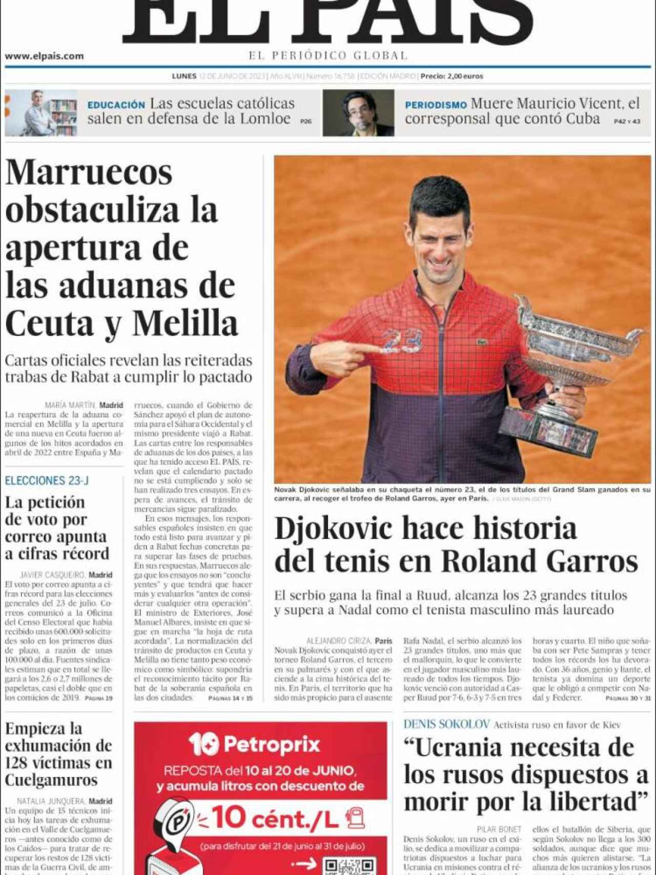 Portada de 'El País' de 12 de junio de 2023