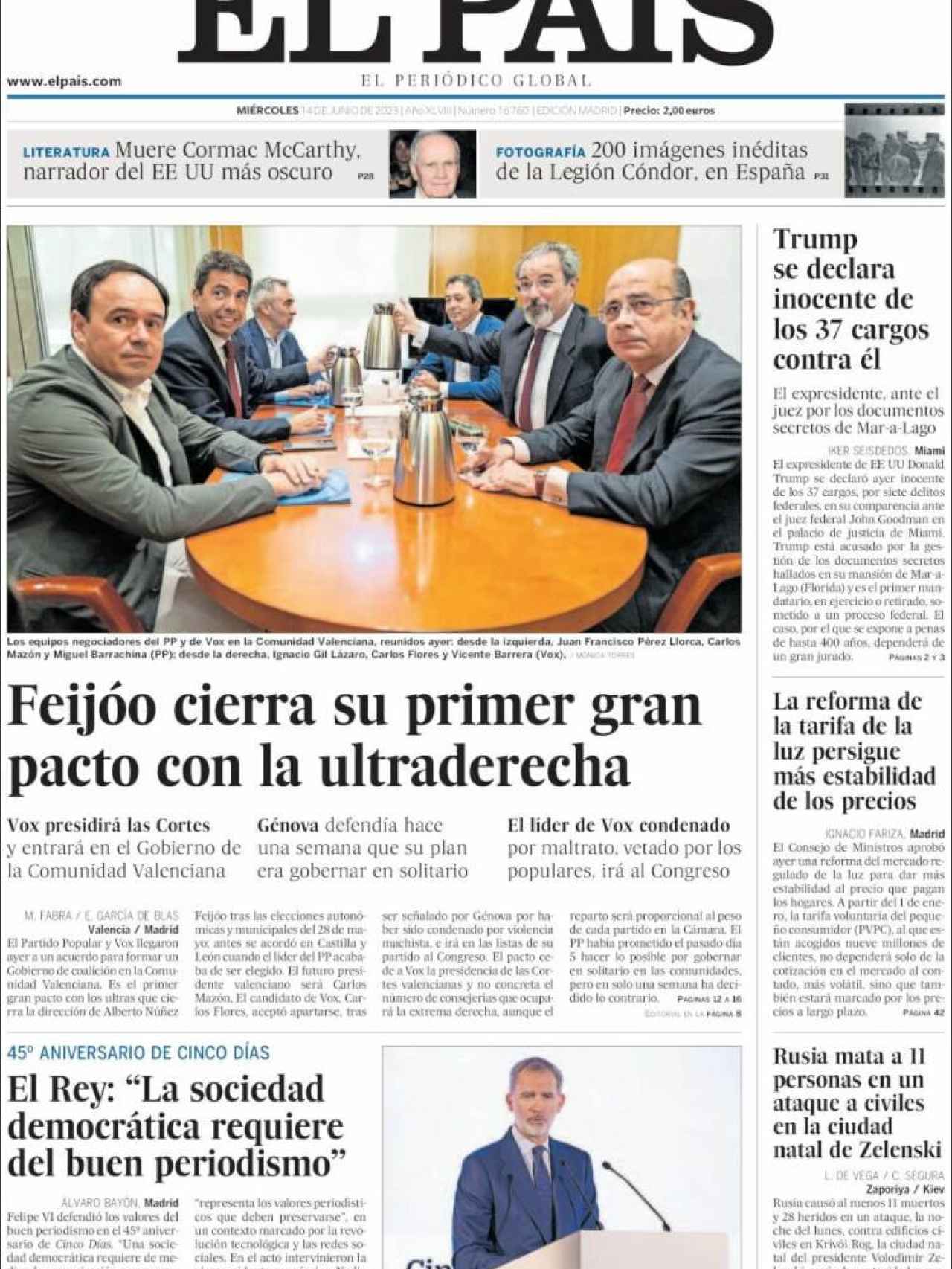 Portada de 'El País' de 14 de junio de 2023