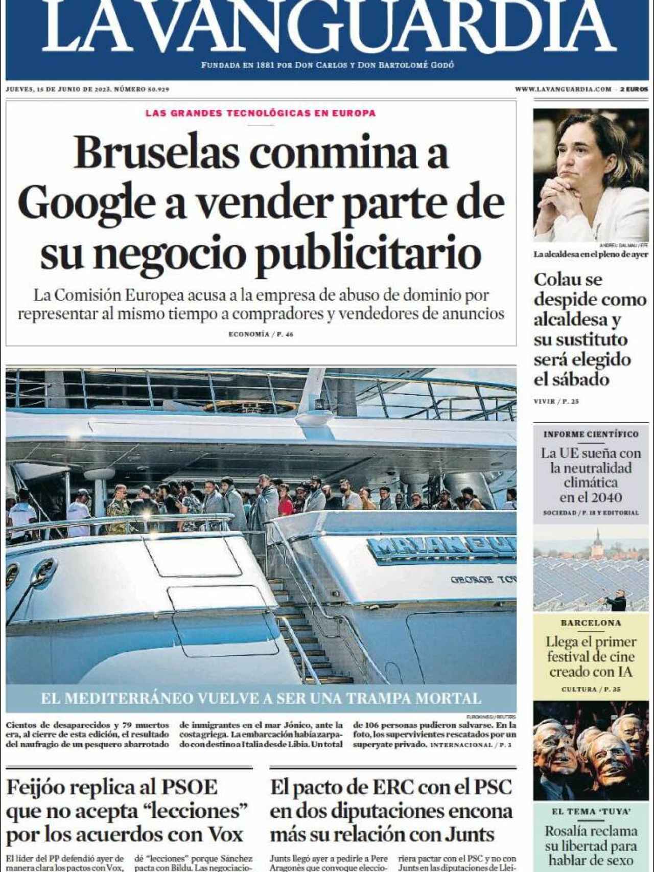 Portada de 'La Vanguardia' de 15 de junio de 2023