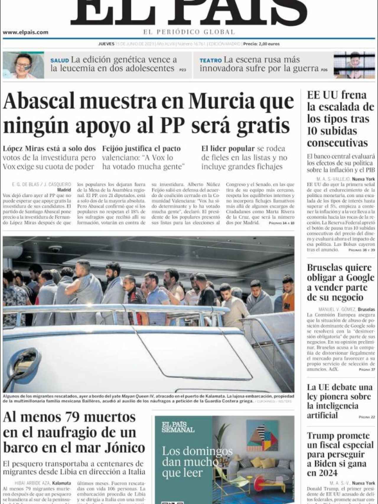 Portada de 'El País' de 15 de junio de 2023