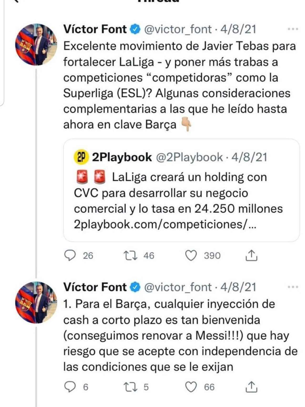 El tuit de Víctor Font dando su visto bueno al acuerdo con CVC / REDES