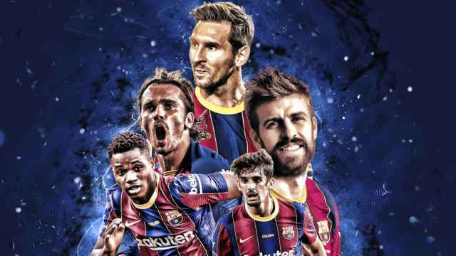 Ansu Fati, Griezmann, Messi, Piqué y Trincao en un fotomontaje