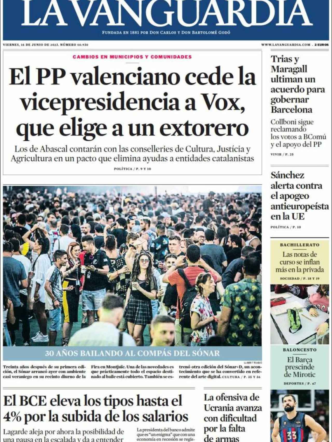 Portada de 'La Vanguardia' de 16 de junio de 2023