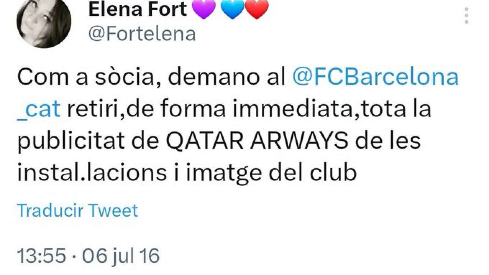 Elena Fort critica a la directiva del Barça por el patrocinio de Qatar Airways