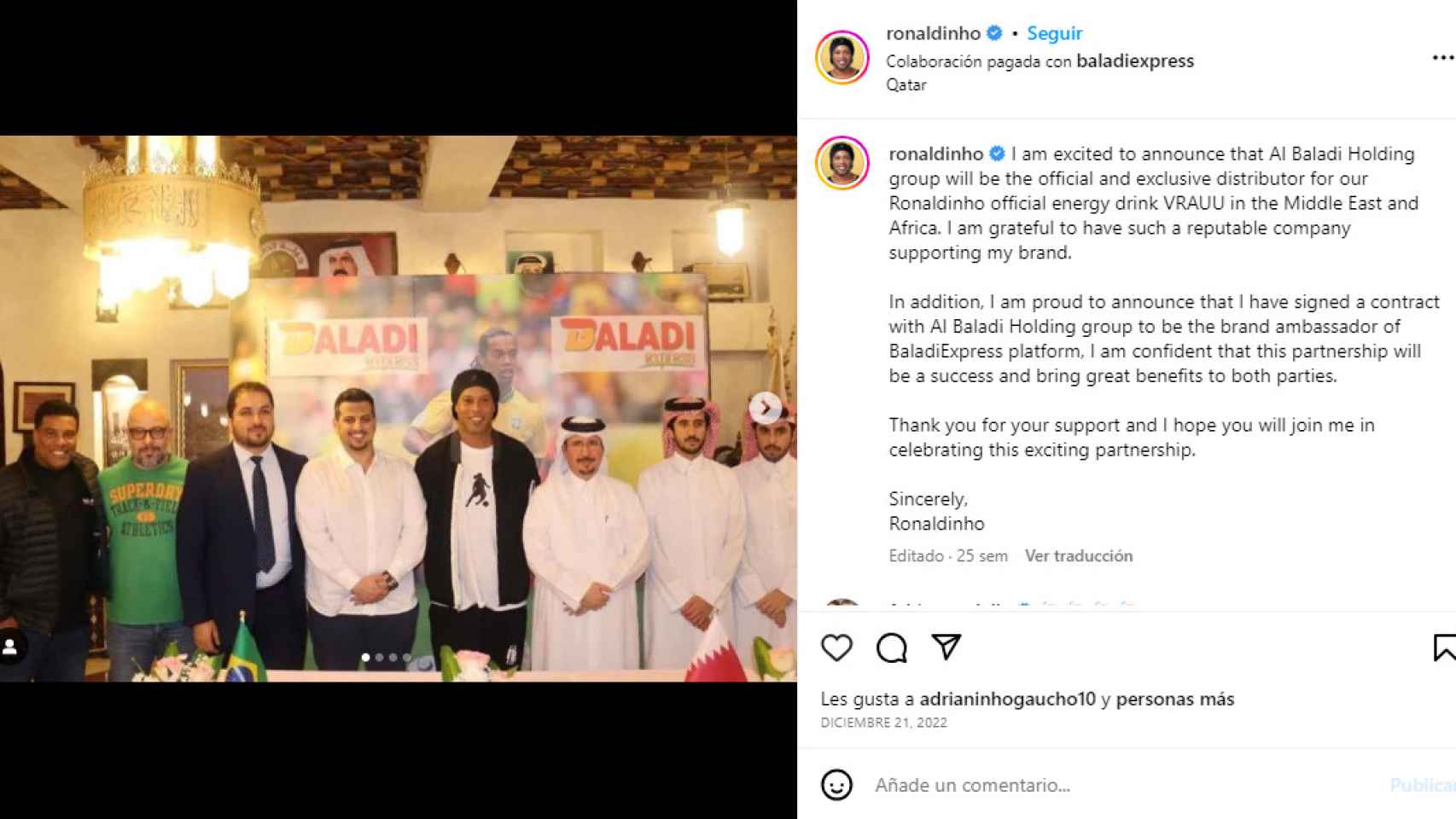 Ronaldinho anunció en sus redes sociales el acuerdo con Baladi Holding