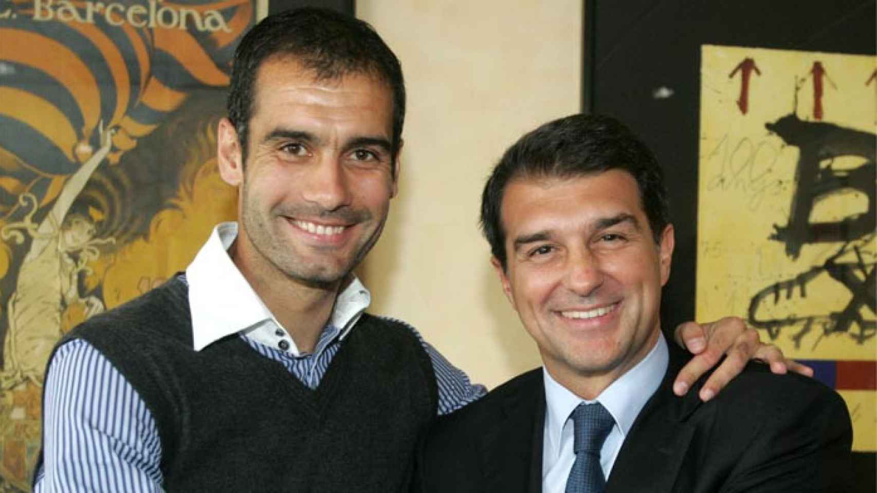 Joan Laporta presenta a Pep Guardiola como técnico del Barça en 2008