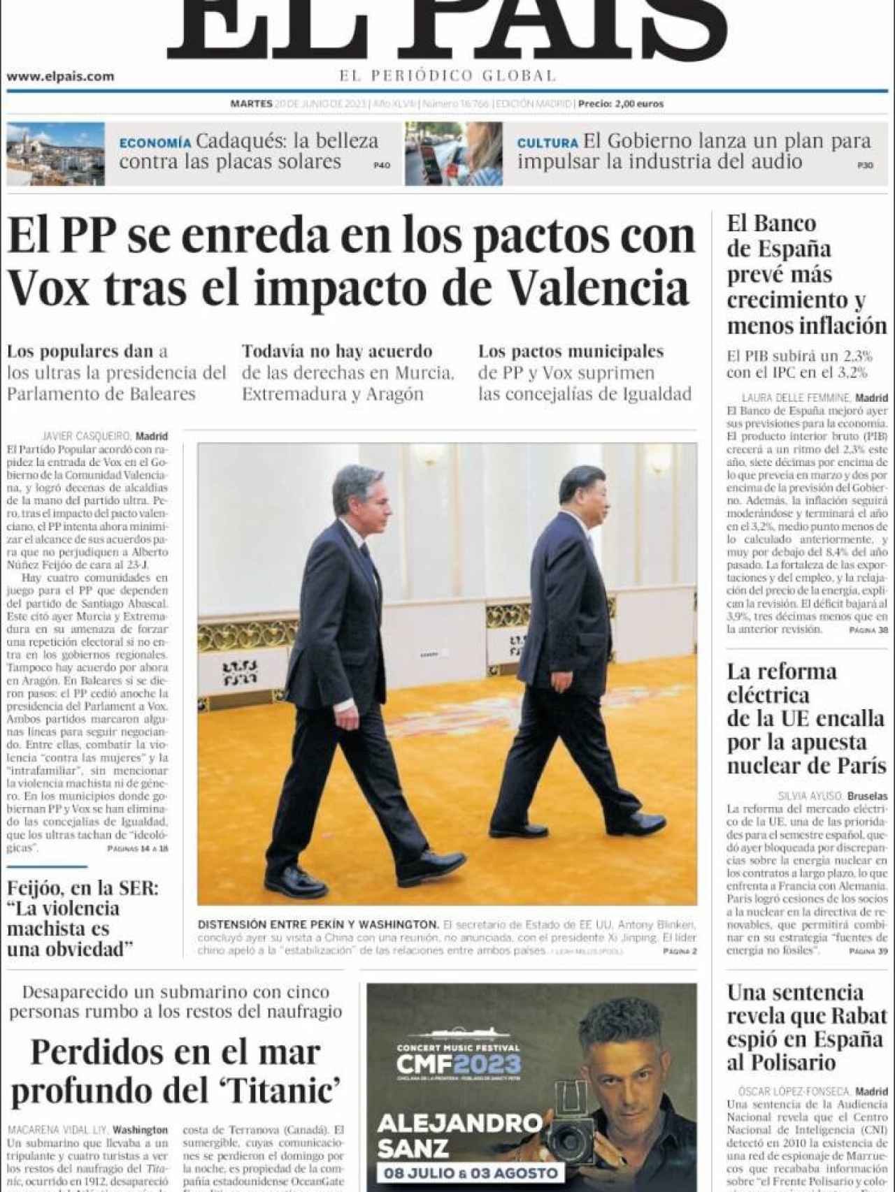 Portada de 'El País' de 20 de junio de 2023