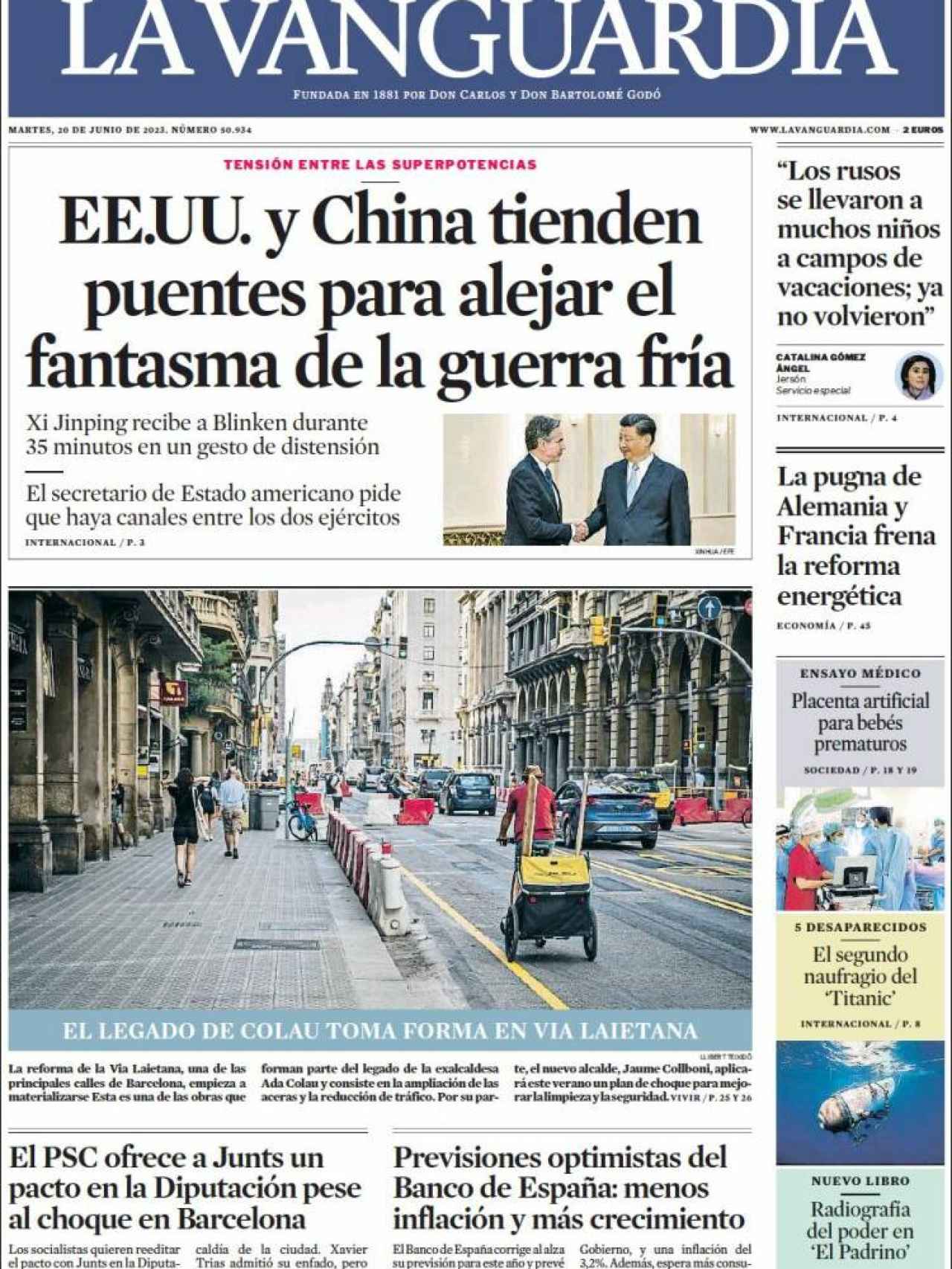 Portada de 'La Vanguardia' de 20 de junio de 2023