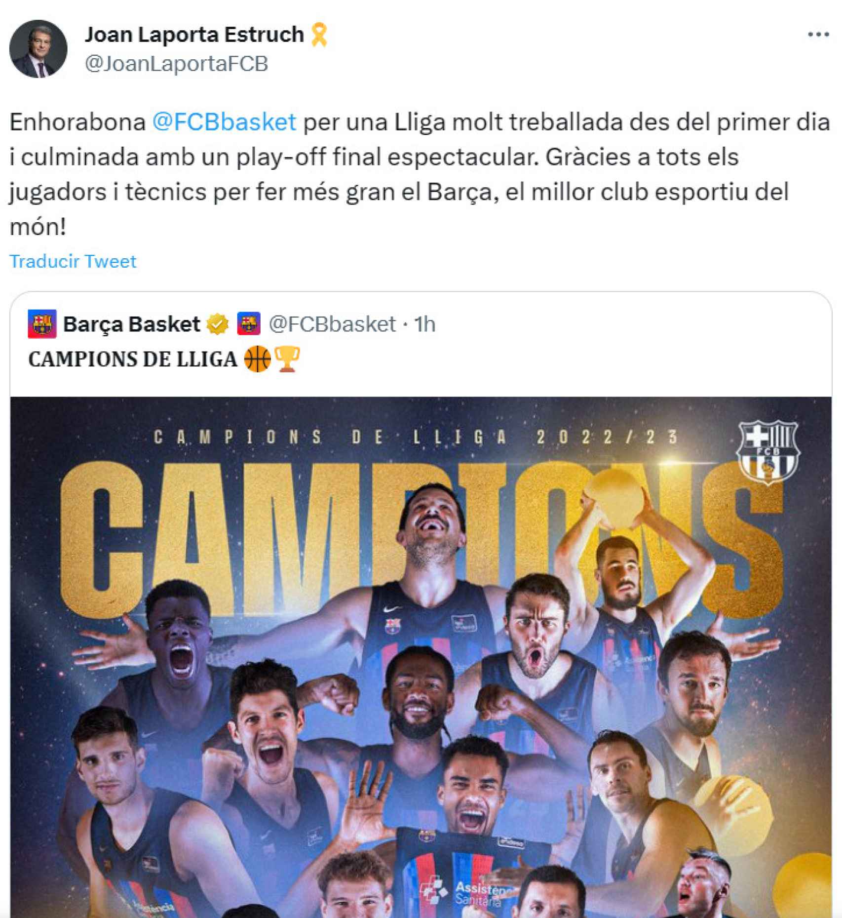 La felicitación de Joan Laporta al Barça de basket tras ganar la Liga Endesa