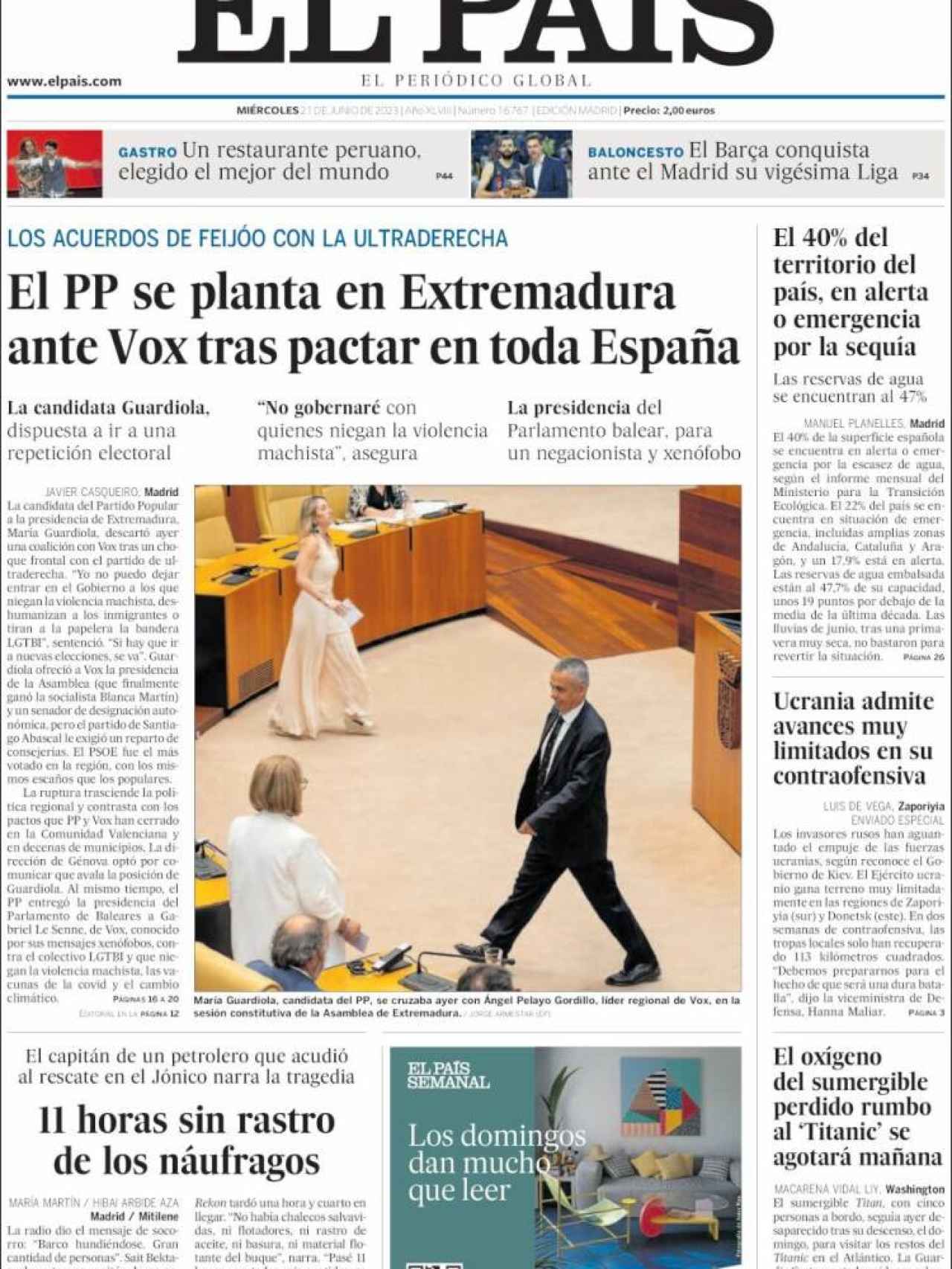 Portada de 'El País' de 21 de junio de 2023