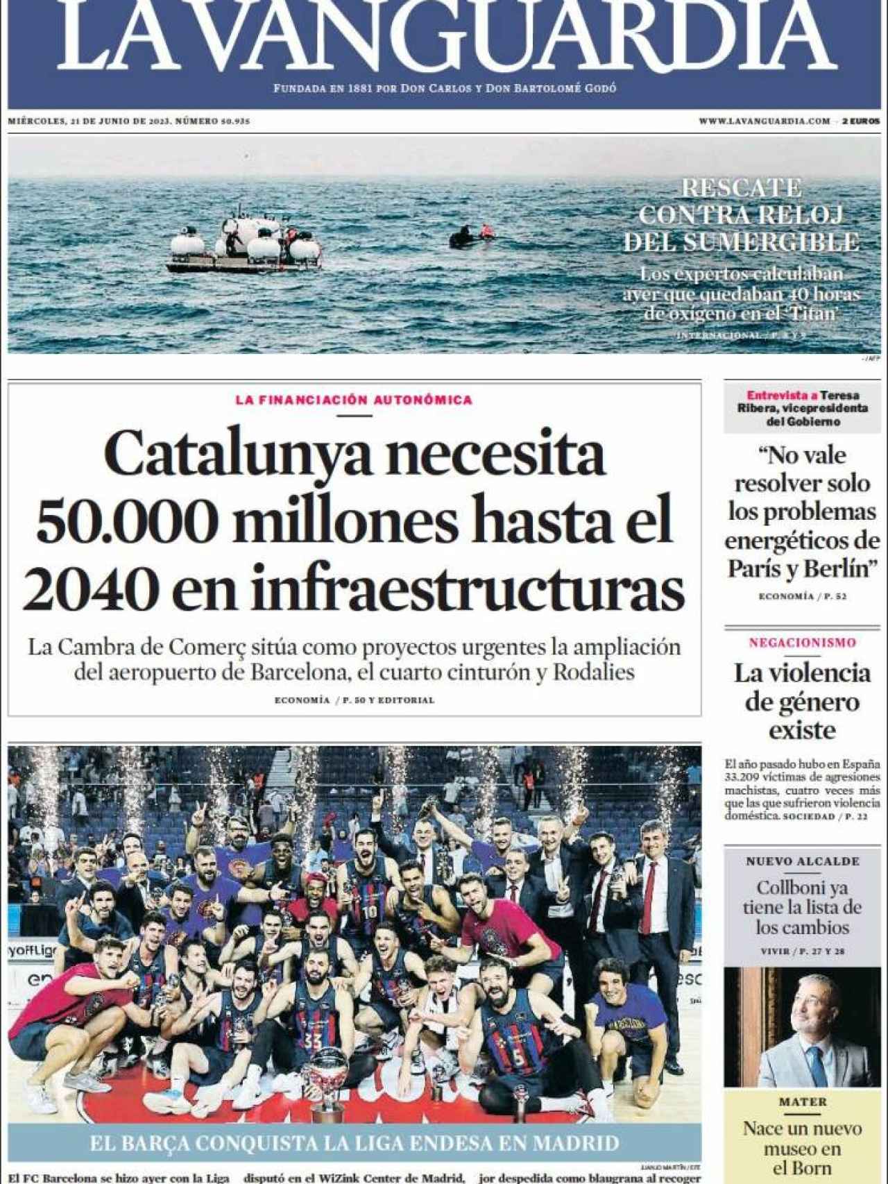 Portada de 'La Vanguardia' de 21 de junio de 2023