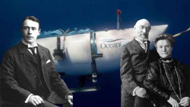 Fotomontaje de John Reynolds Harding y Isidor e Ida Straus con el submarino Toiotan