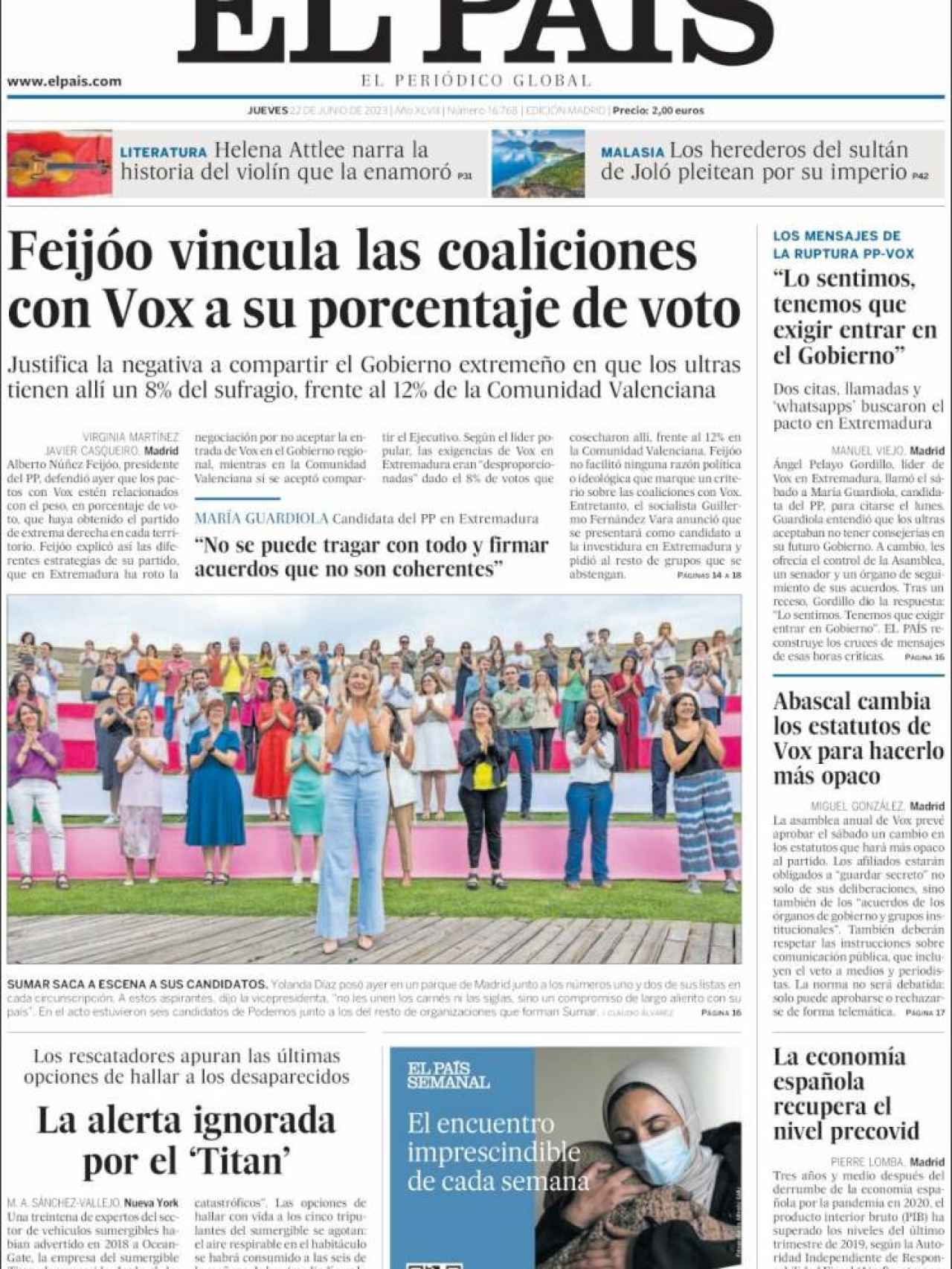 Portada de 'El País' de 22 de junio de 2023