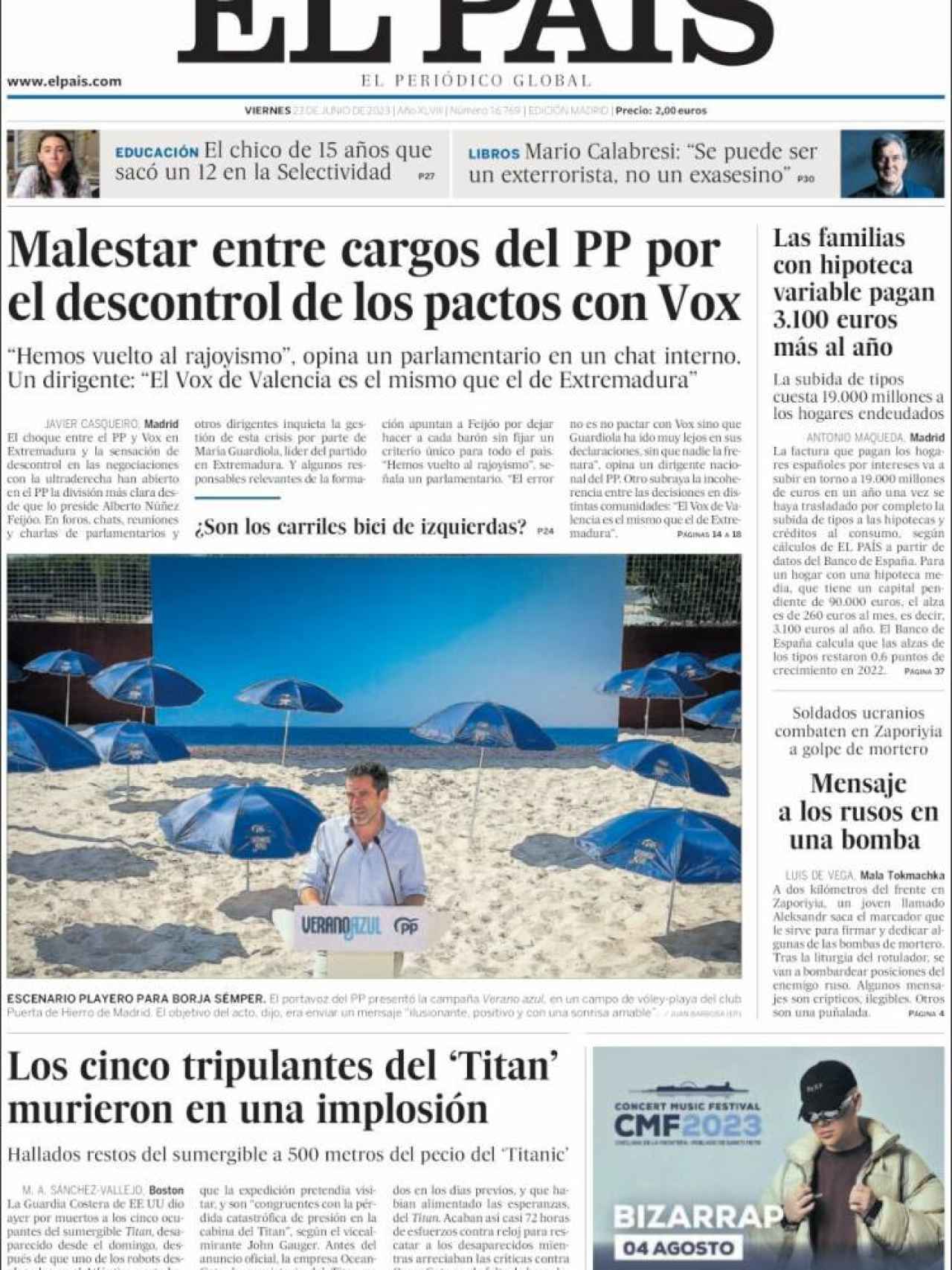 Portada de 'El País' de 23 de junio de 2023
