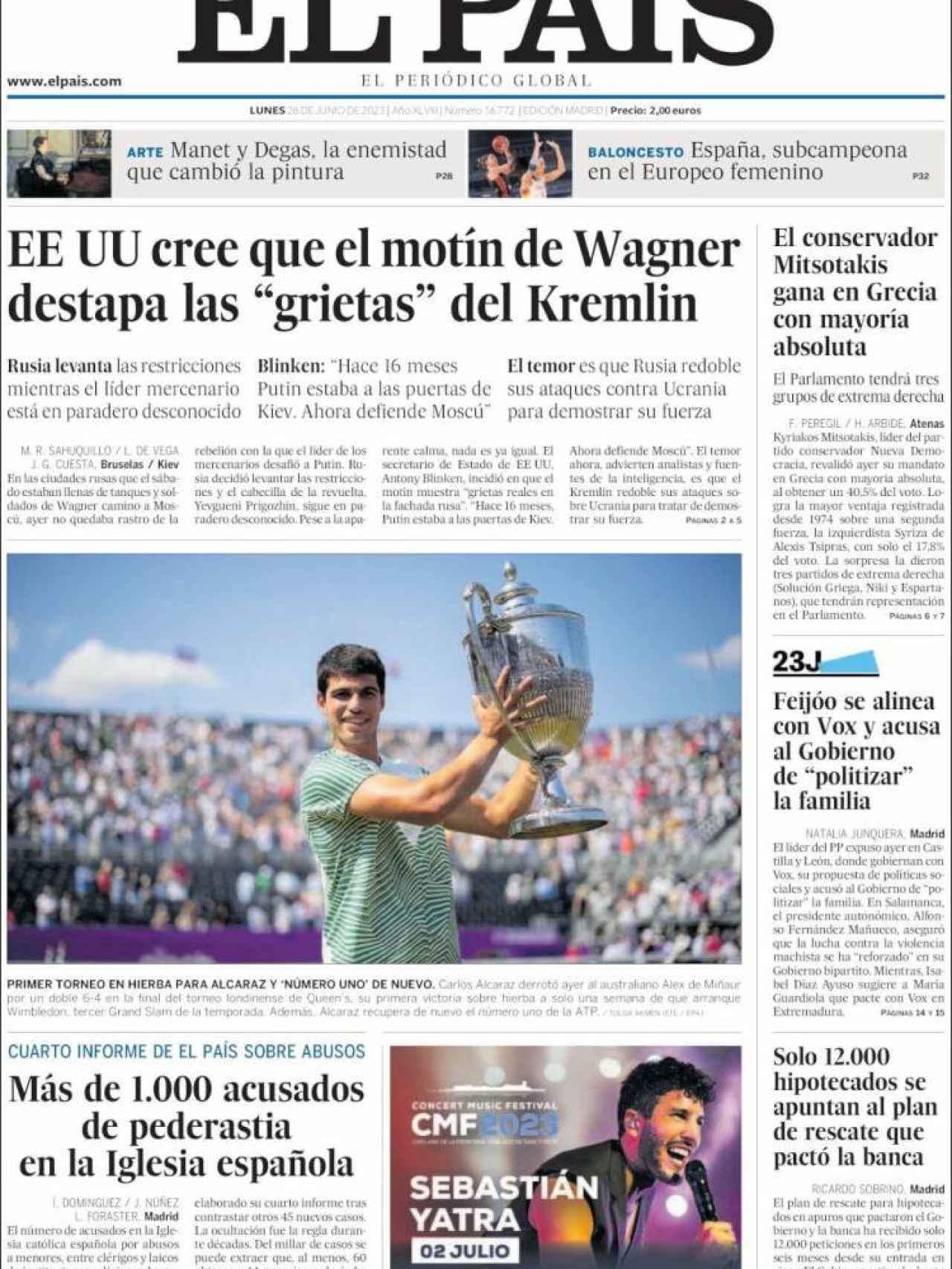 Portada de 'El País' de 26 de junio de 2023