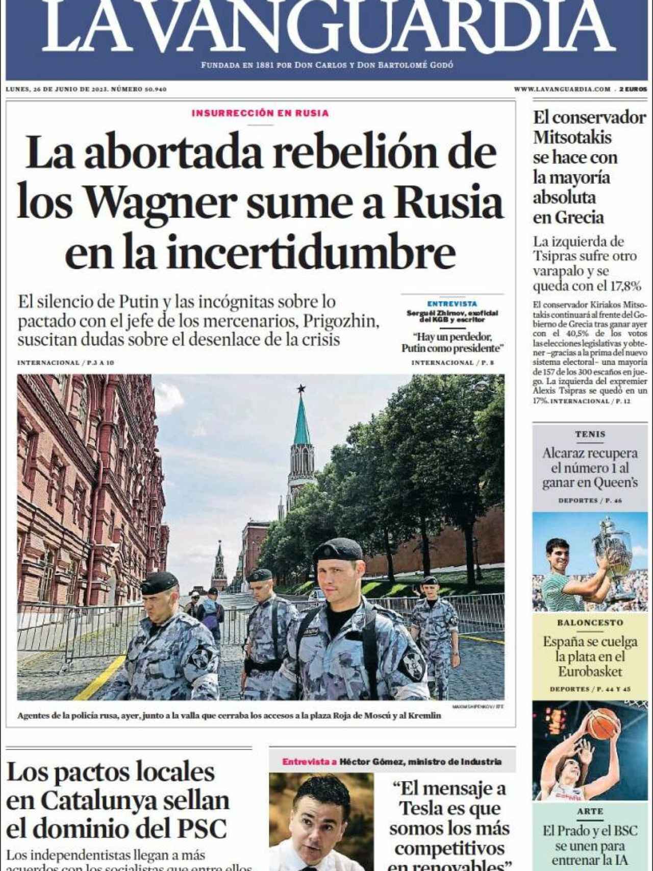 Portada de 'La Vanguardia' de 26 de junio de 2023