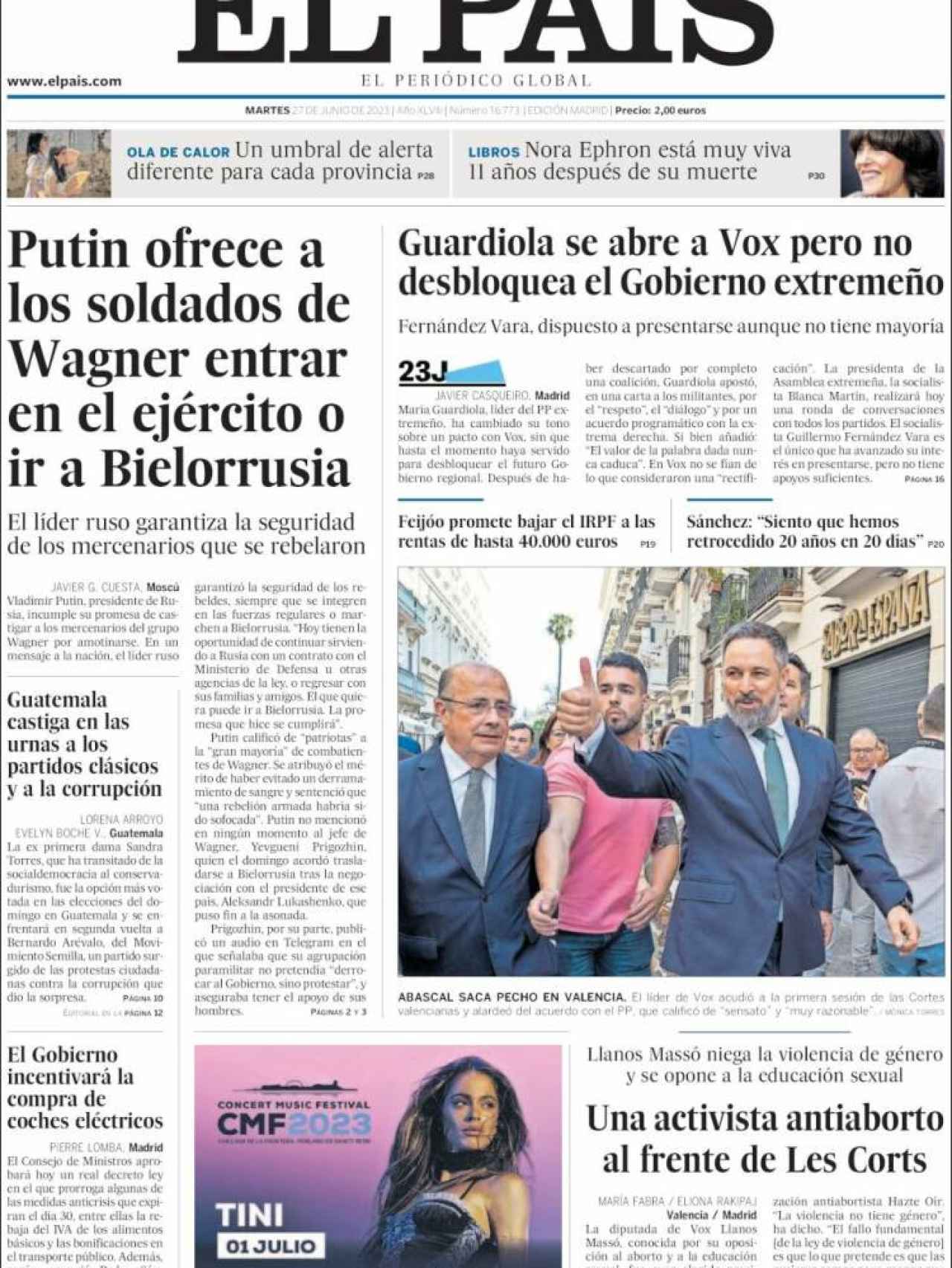 Portada de 'El País' de 27 de junio de 2023