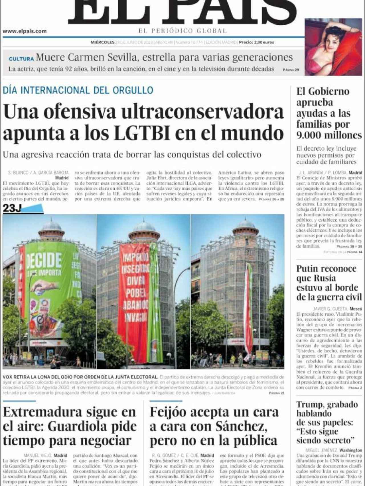 Portada de 'El País' de 28 de junio de 2023