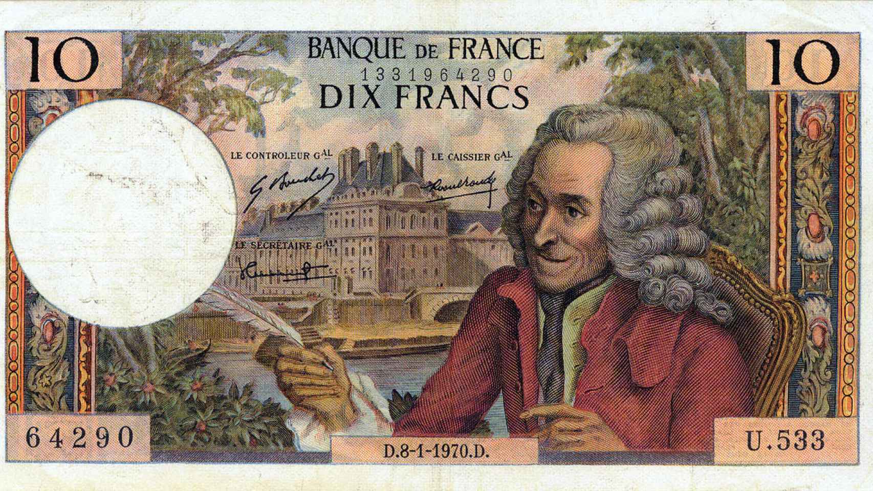 Billete del Banco de Francia dedicado a Voltaire (1970)