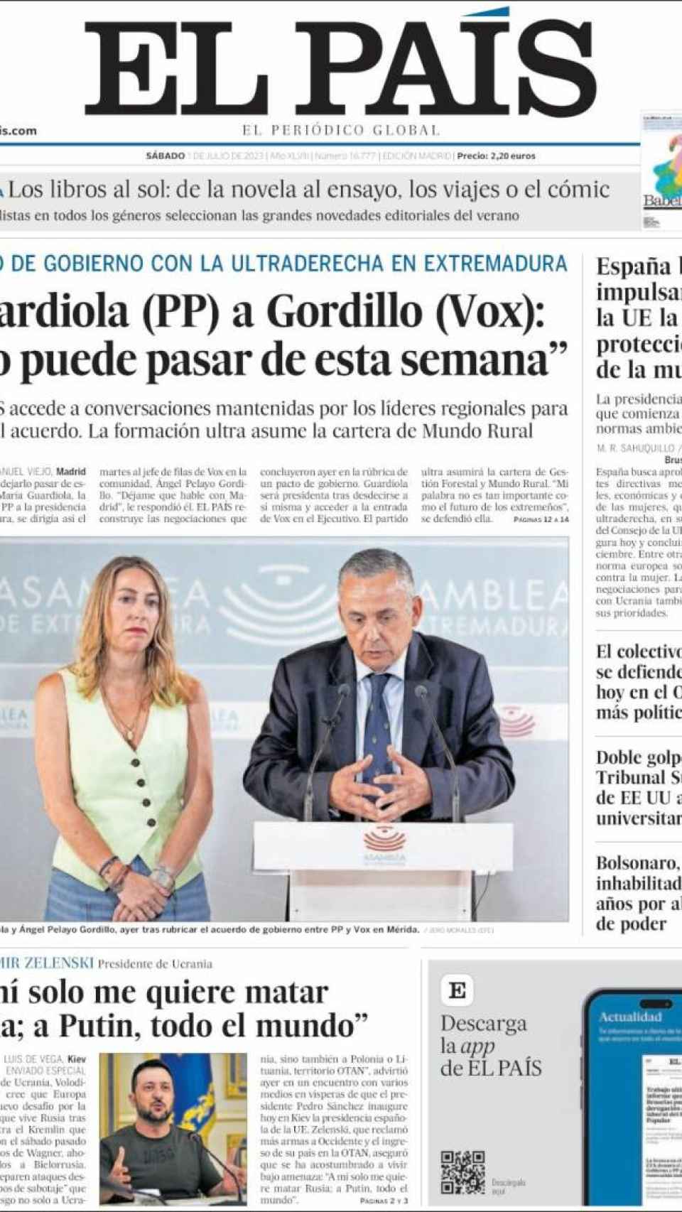 La portada de El País del 1 de julio de 2023