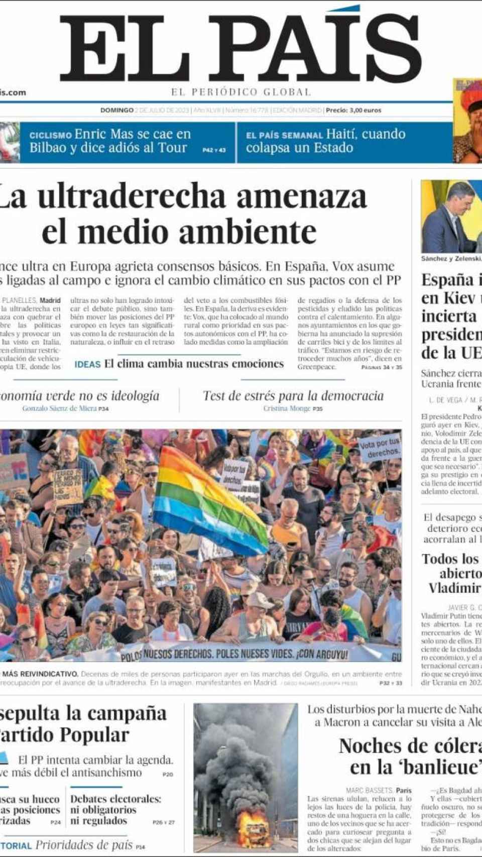 La portada de El País del 2 de julio de 2023
