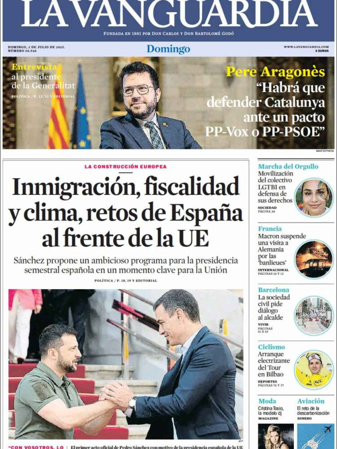 La portada de La Vanguardia del 2 de julio de 2023