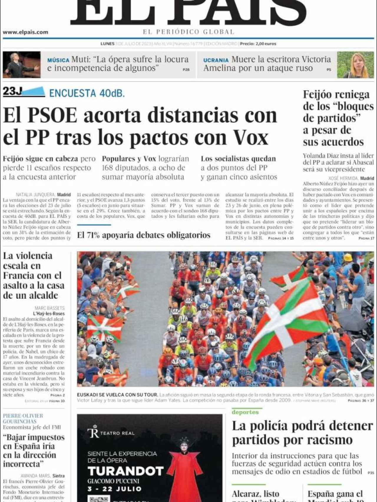 Portada de 'El País' de 3 de julio de 2023
