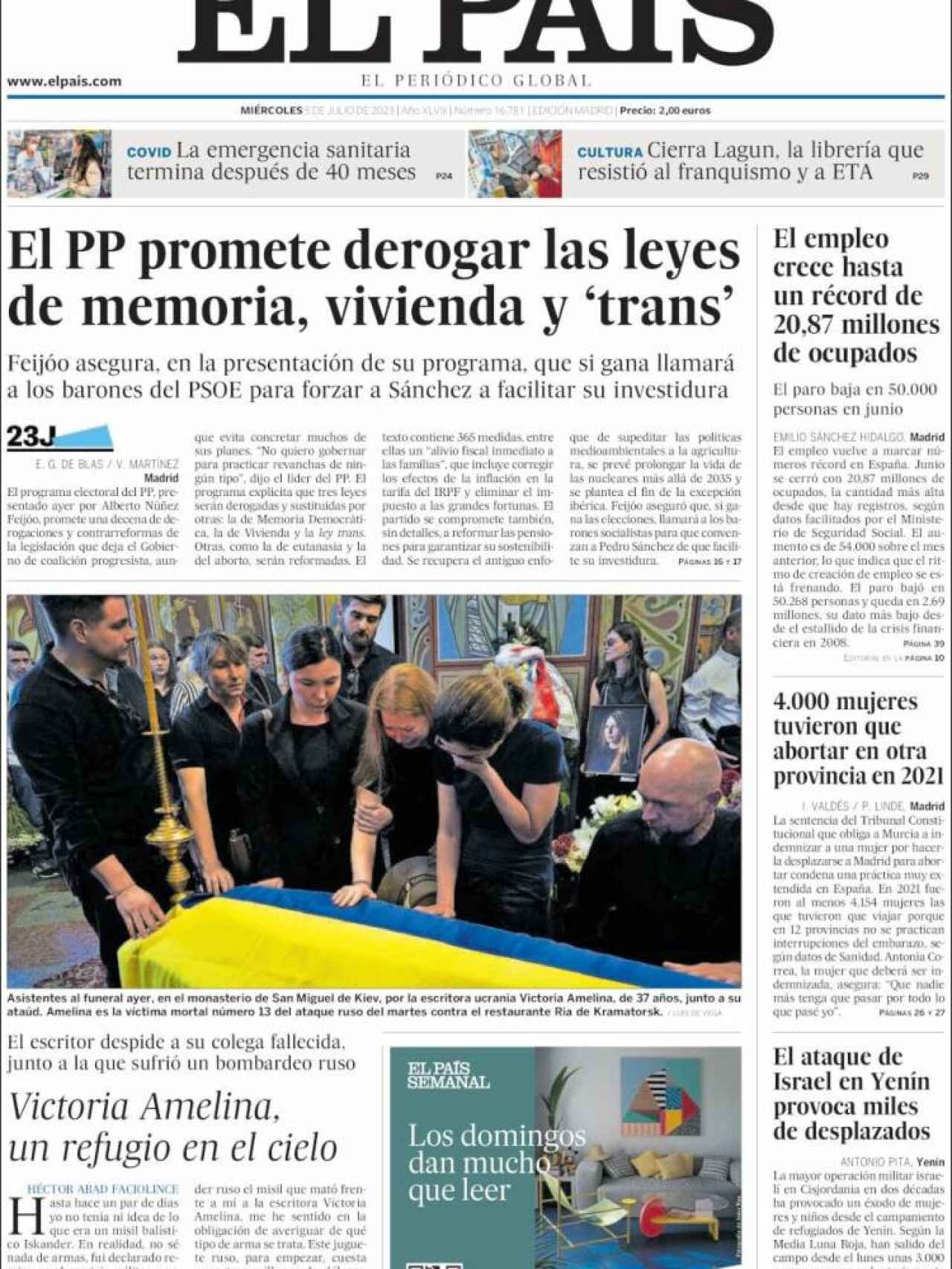 Portada de 'El País' de 5 de julio de 2023
