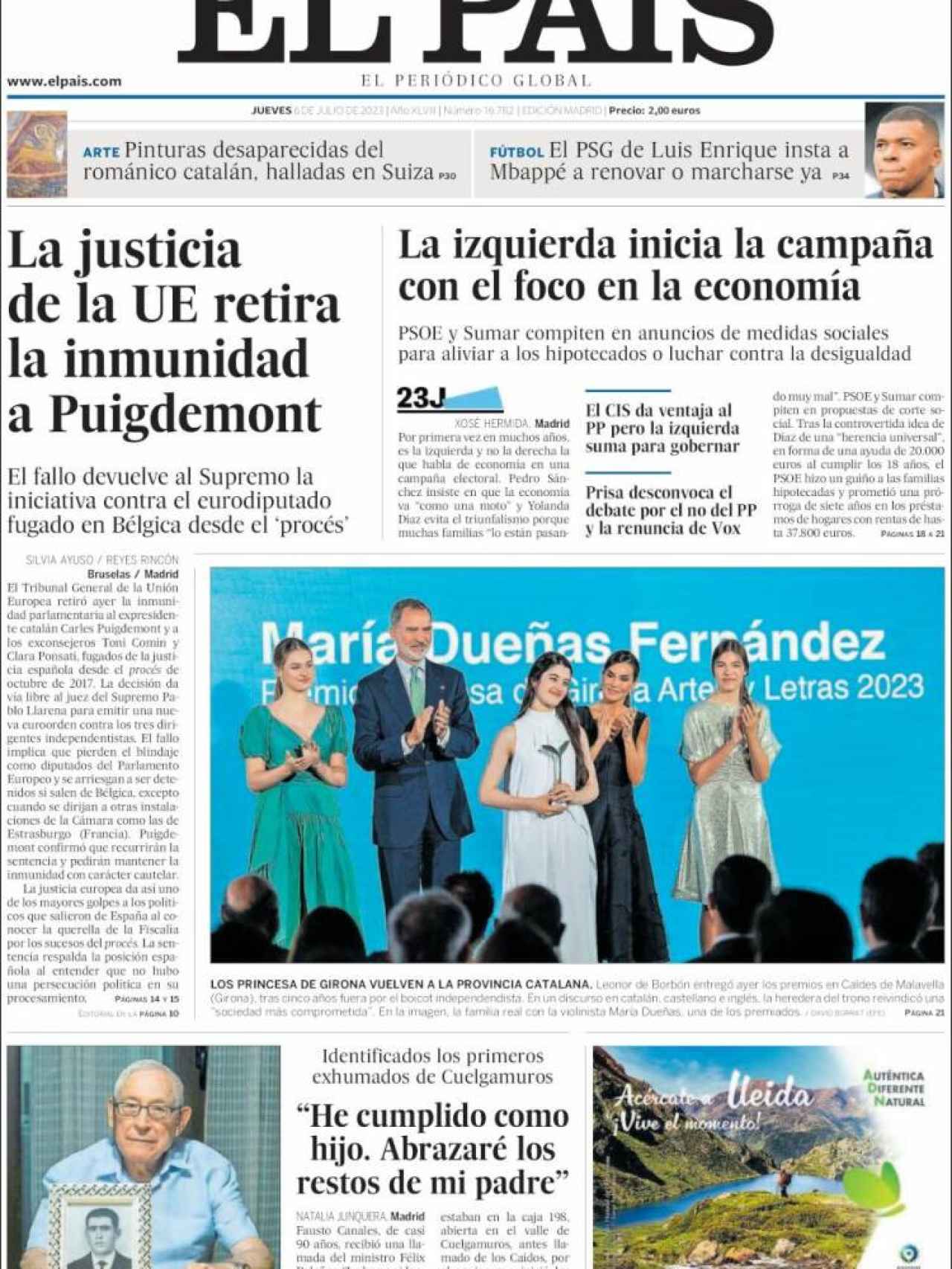Portada de 'El País' de 6 de julio de 2023