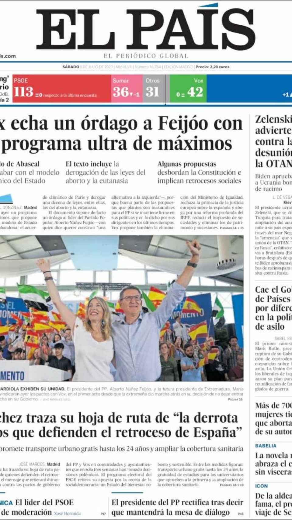 Portada de 'El País' del 8 de julio de 2023