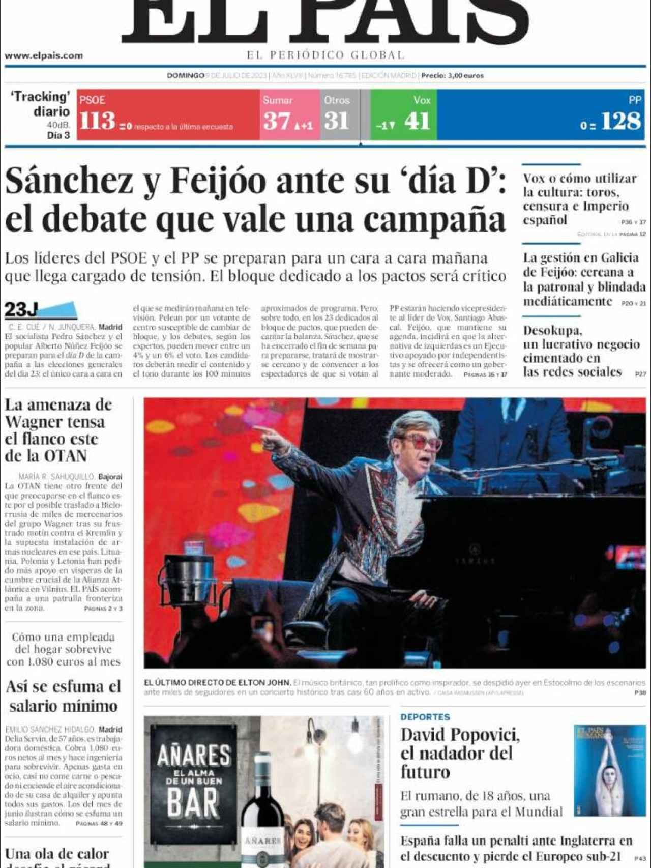 Portada de 'El País' del 9 de julio de 2023