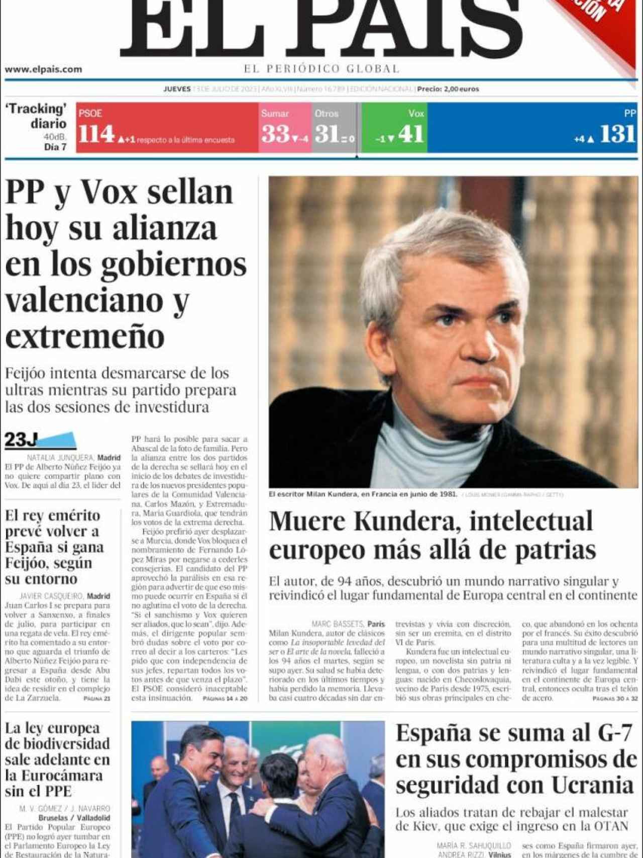 Portada de 'El País' de 13 de julio de 2023