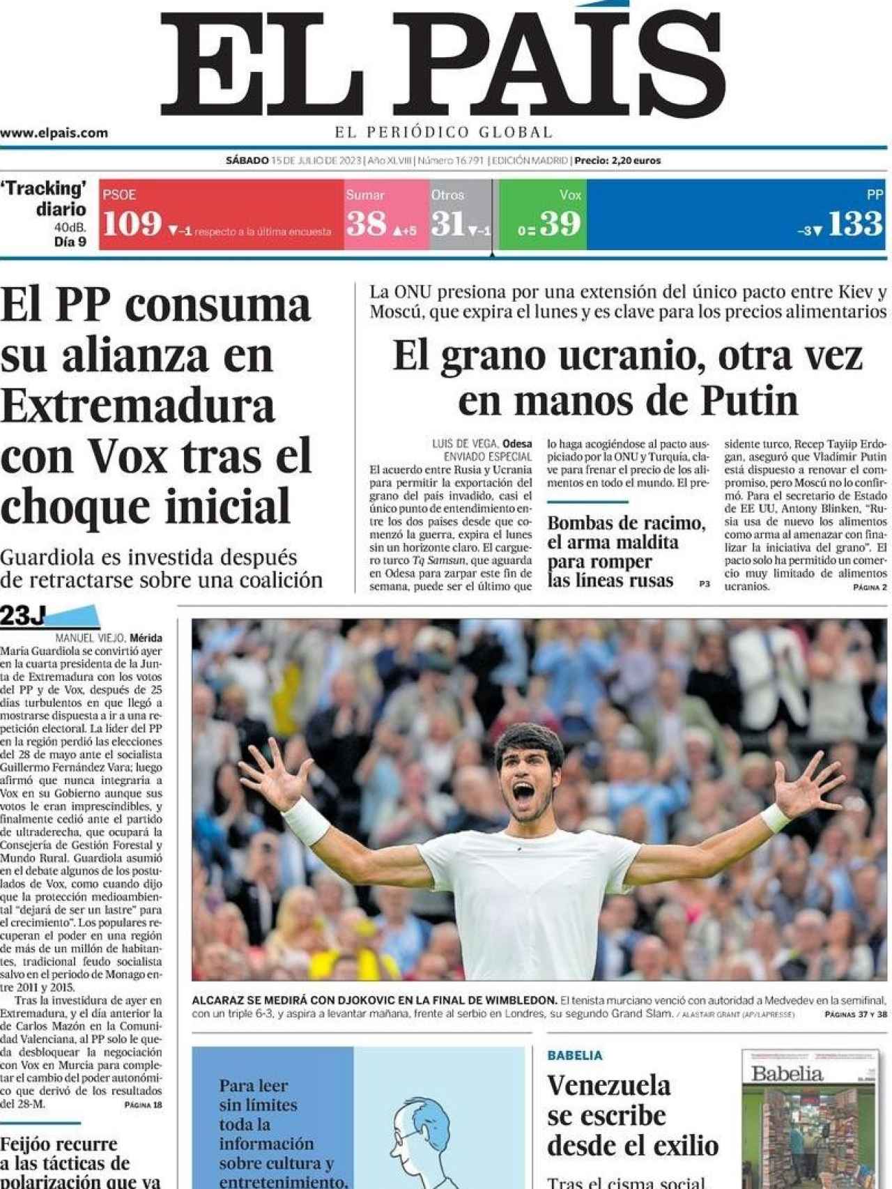 Portada de El País, 15 de julio de 2023