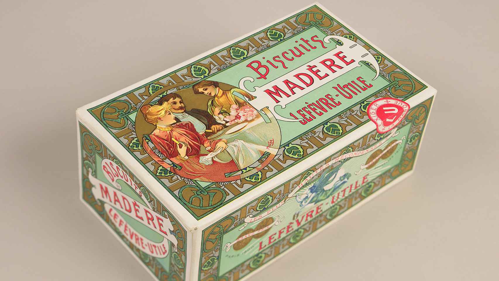 Mucha también realizó dibujos publicitarios para varias marcas. Caja para las galletas Lefèvre- Utile, 1901