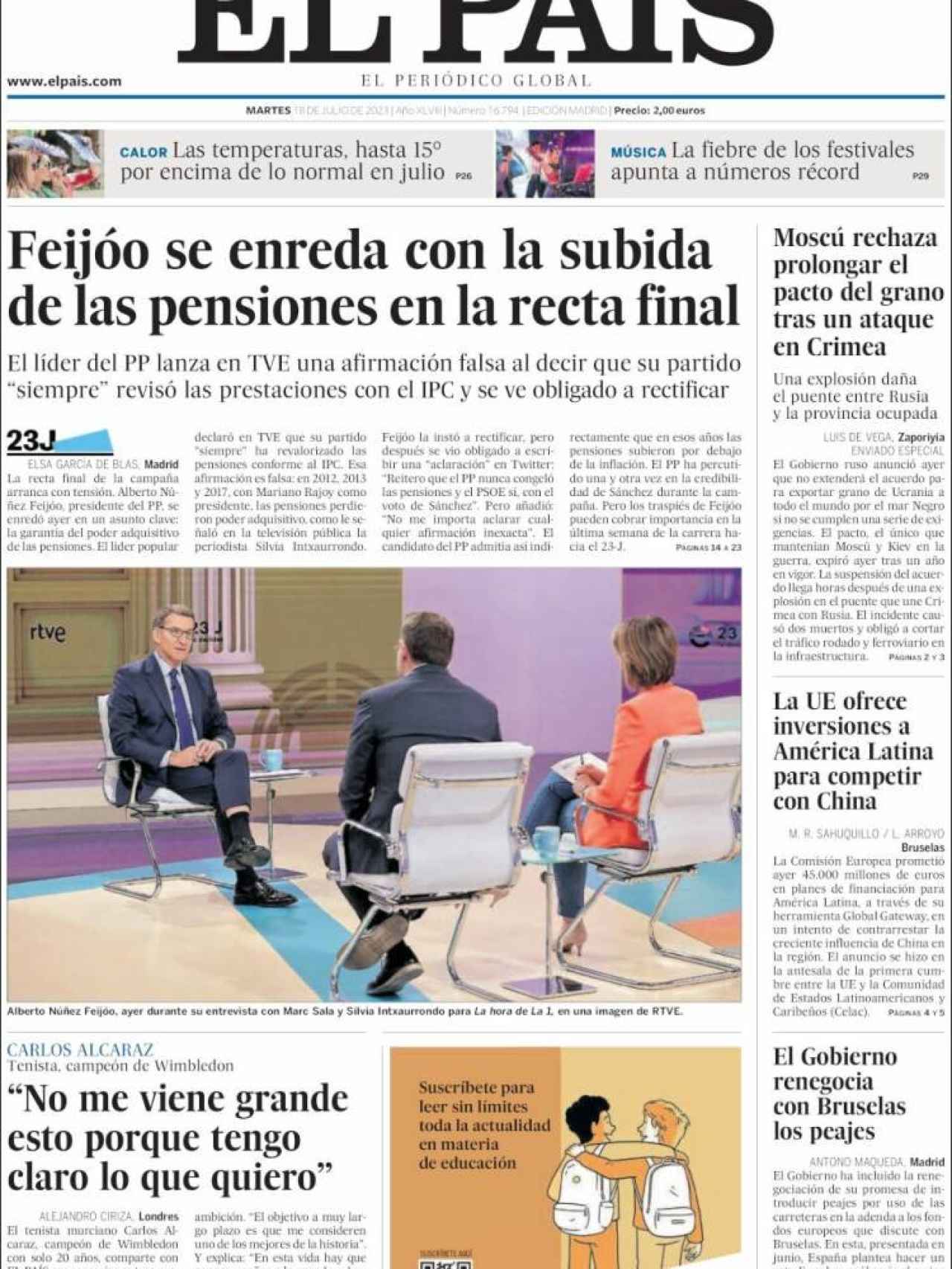 Portada de 'El País' de 18 de julio de 2023