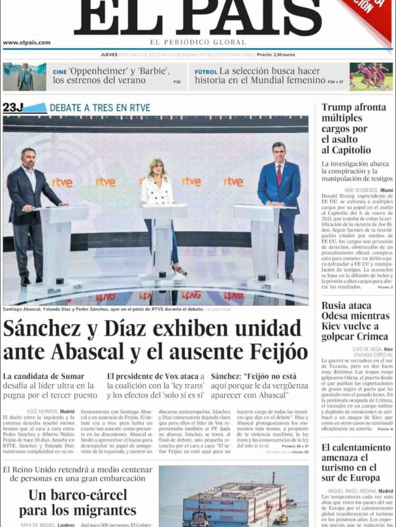 Portada de 'El País' de 20 de julio de 2023