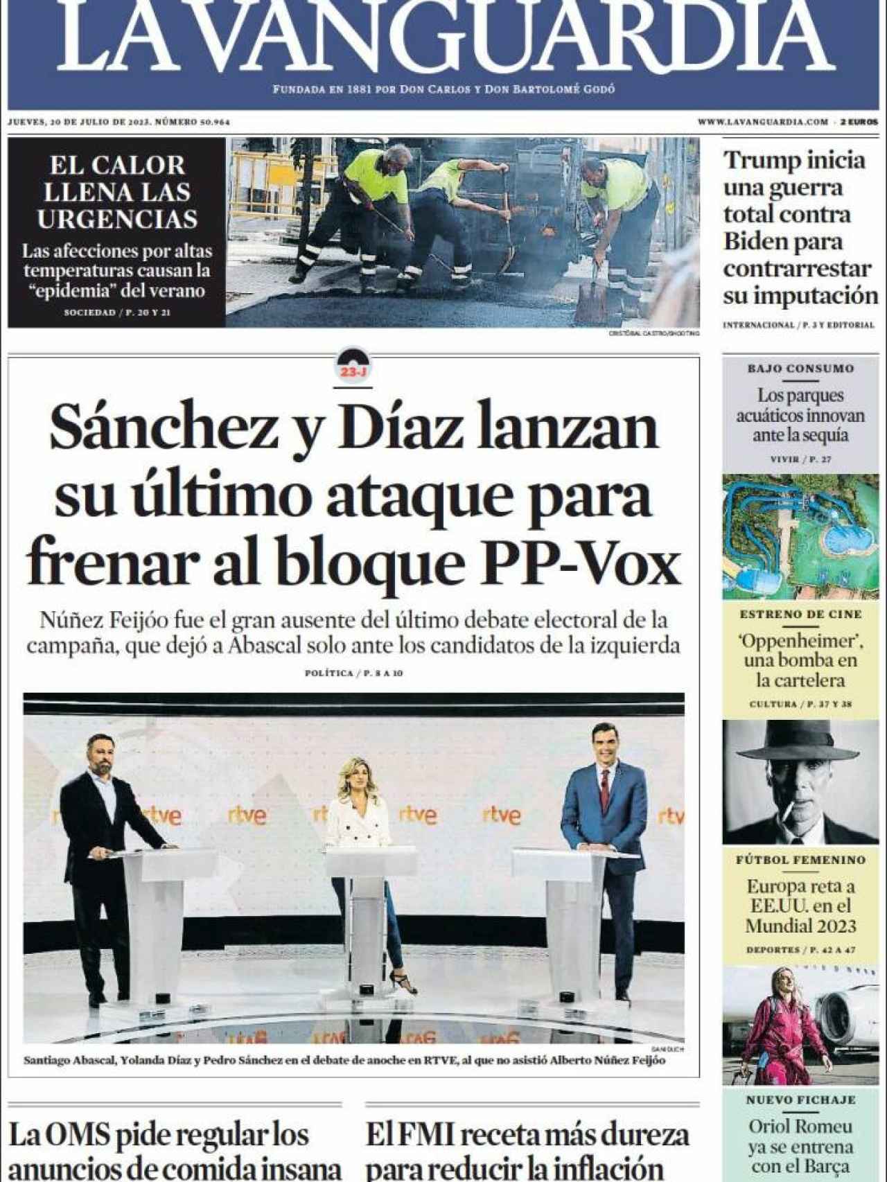 Portada de 'La Vanguardia' de 20 de julio de 2023