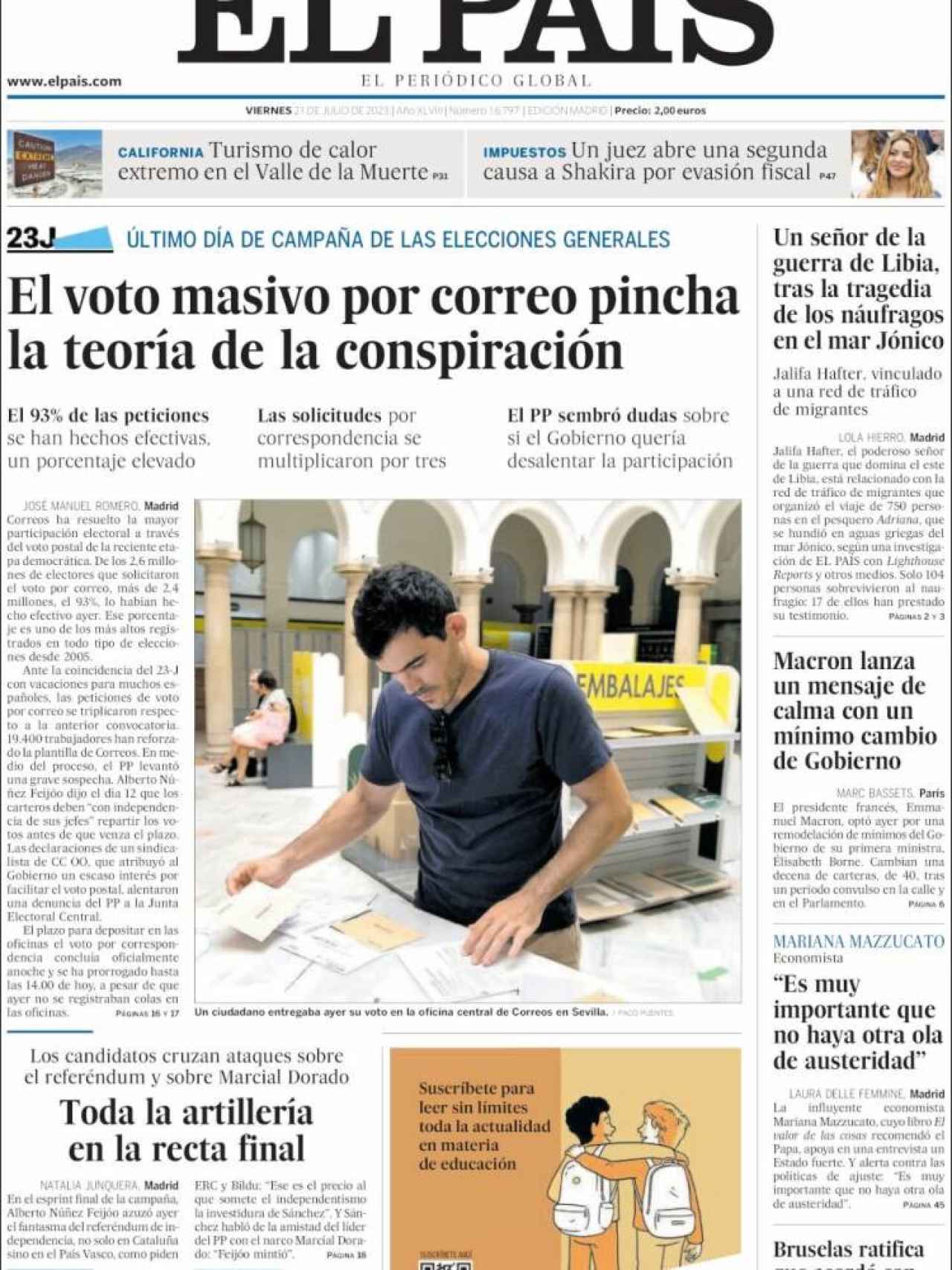 Portada de 'El País' de 21 de julio de 2023