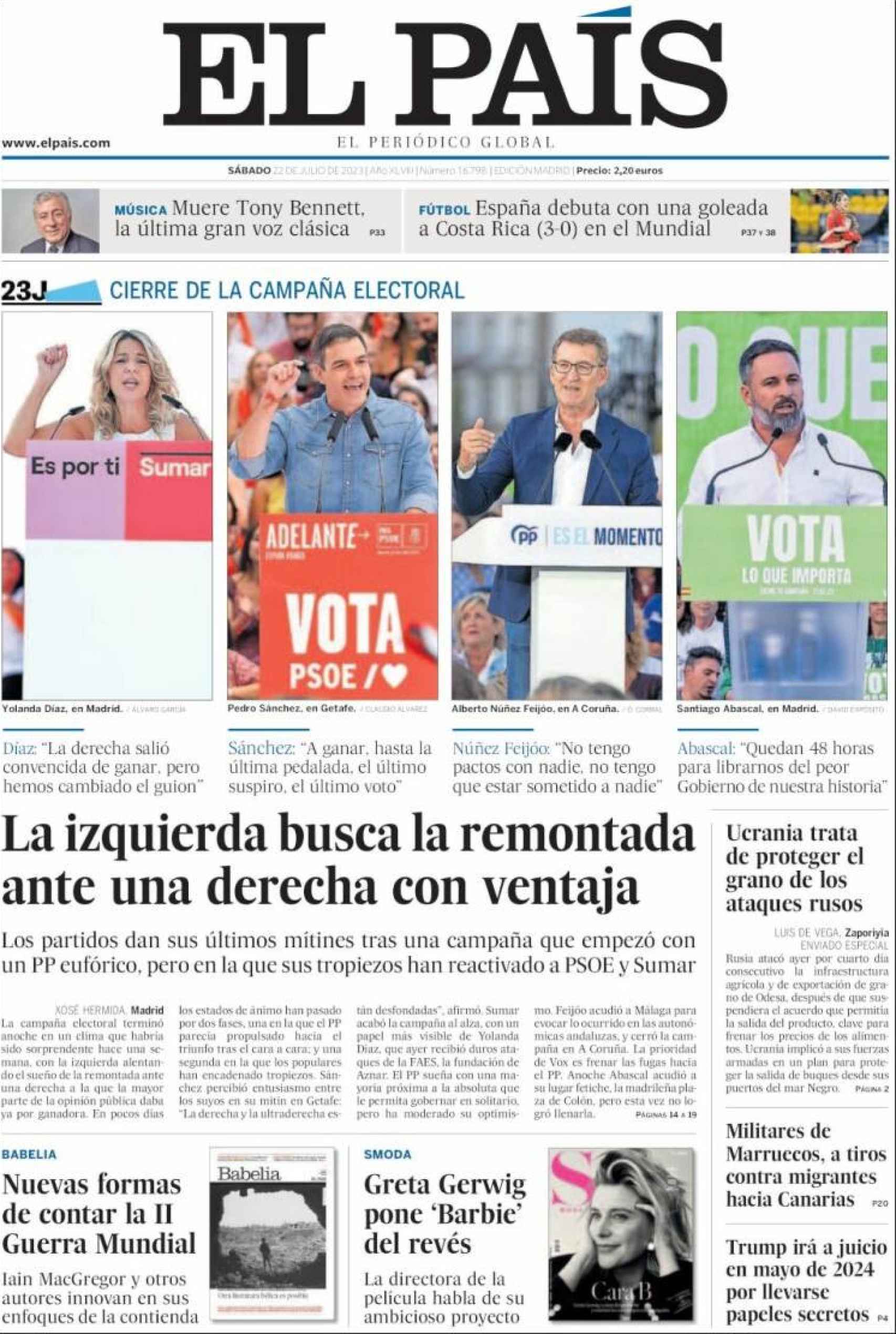 Portada de El País del 22 de julio de 2023