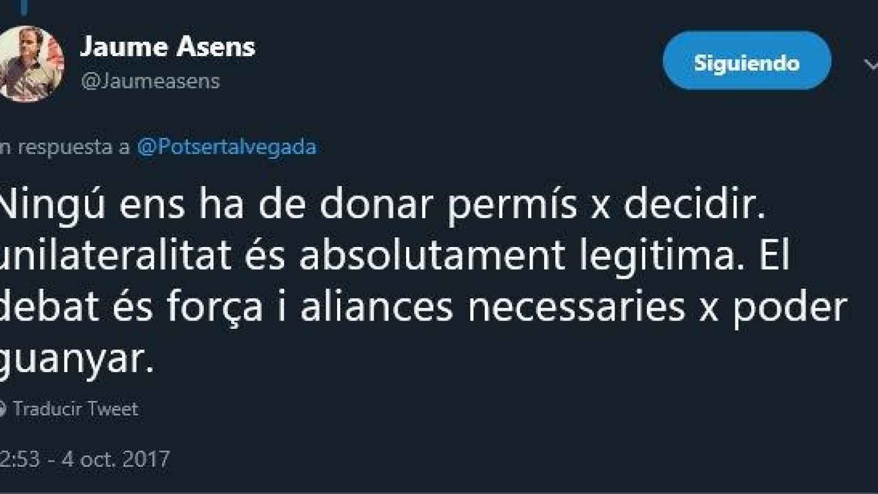 Tuit de Jaume Asens defendiendo la unilateralidad del secesionismo en Cataluña en 2017