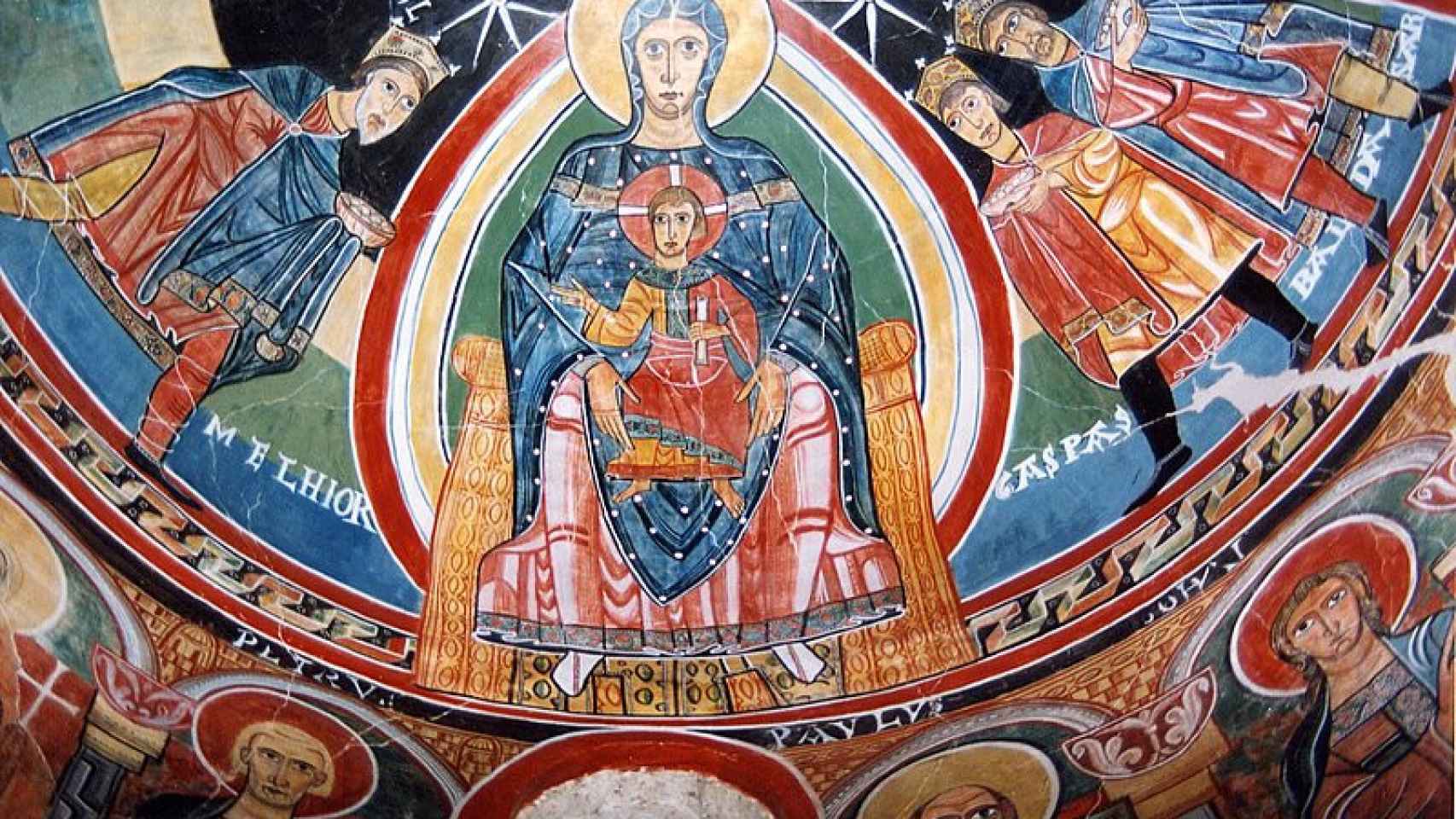 Theotokos o Maiestas Mariae flanqueada por los Reyes Magos, en Santa María de Tahull