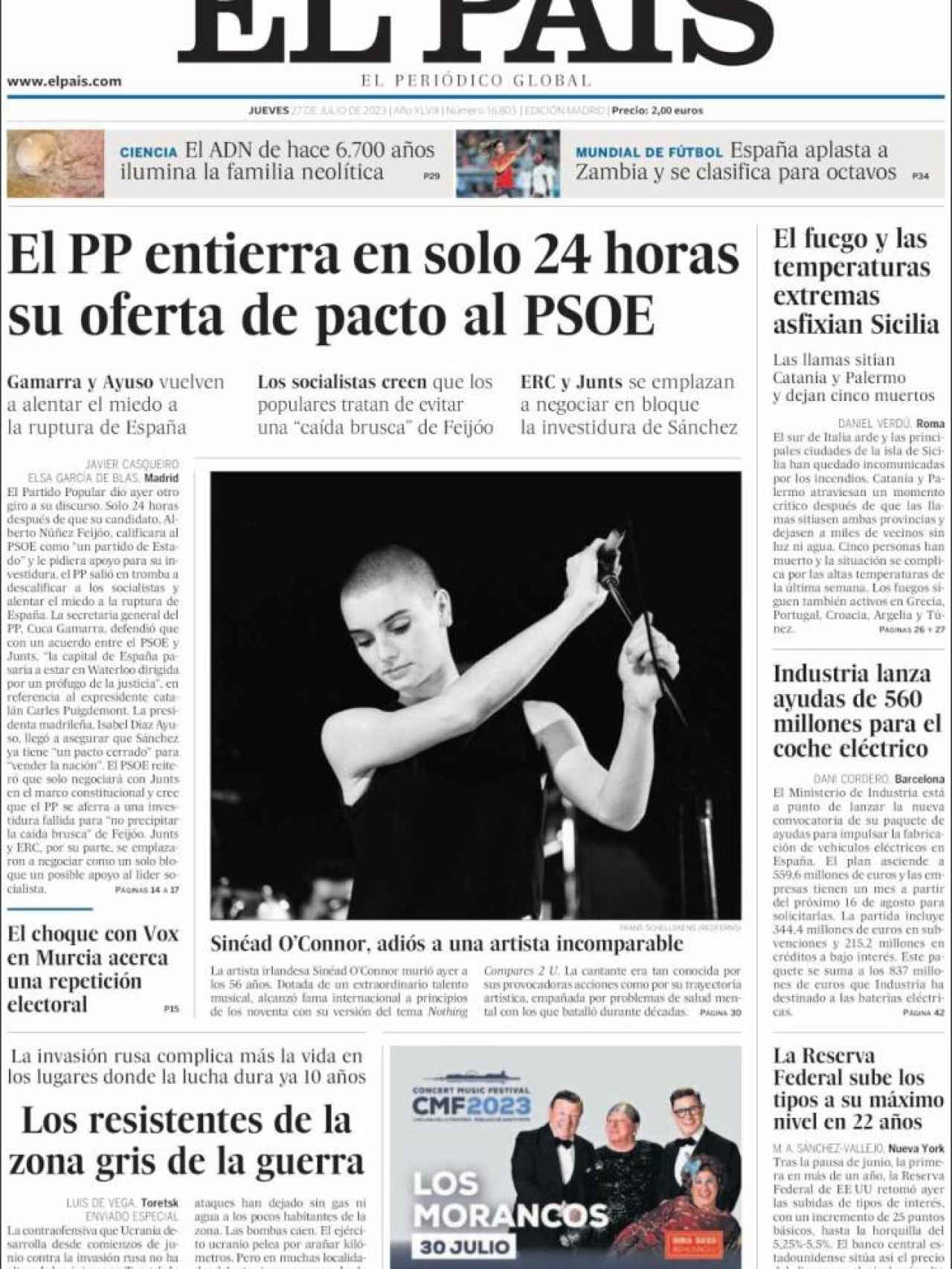Portada de 'El País' de 27 de julio de 2023
