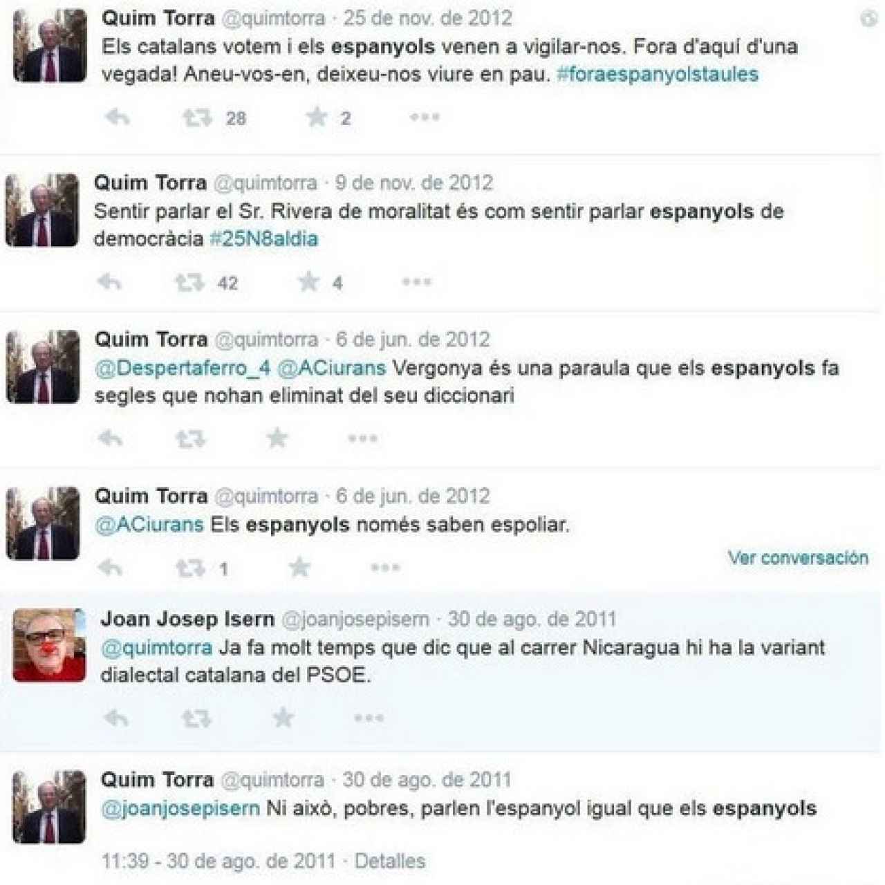 Tuits hispanófobos de Torra en 2012, que eliminó tiempo después