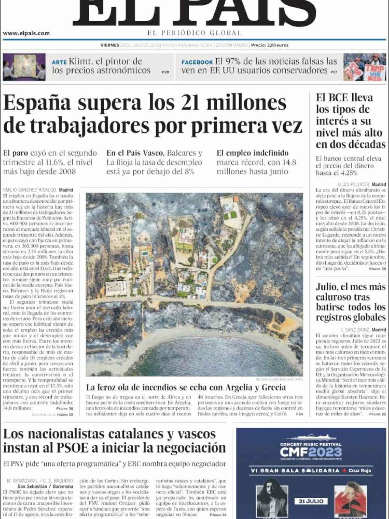 Portada de 'El País' de 28 de julio de 2023