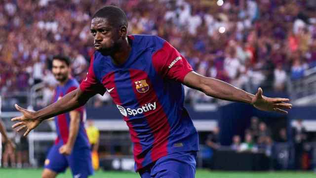 Ousmane Dembelé celebra su gol al Real Madrid en el clásico de pretemporada