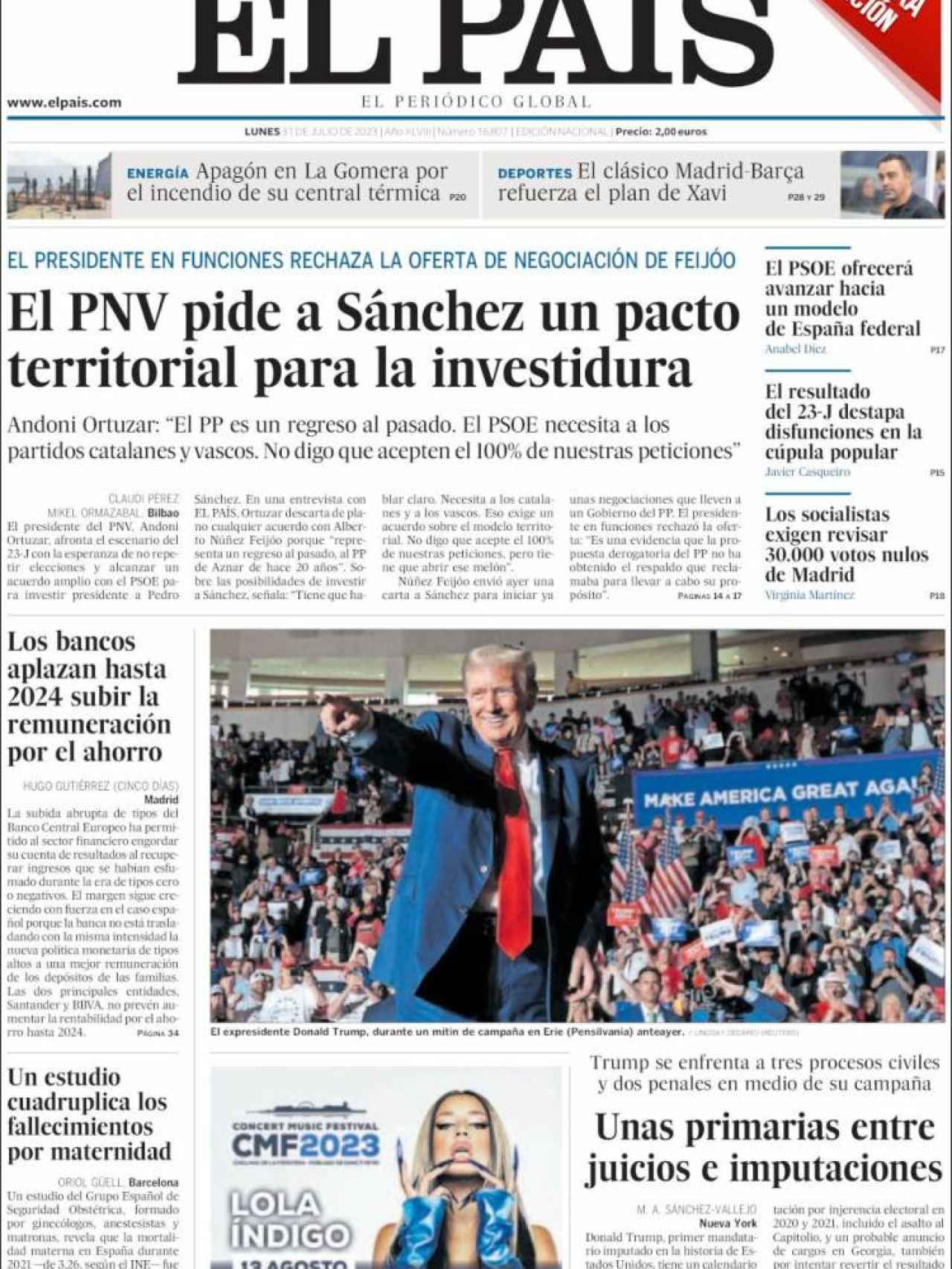 Portada de 'El País' de 31 de julio de 2023