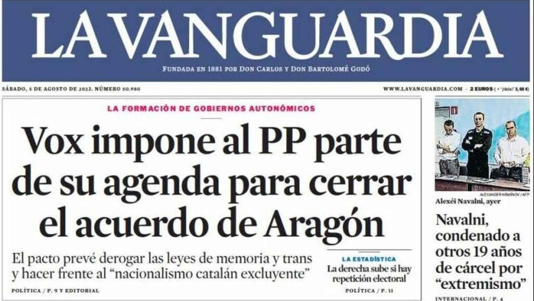 Portada de La Vanguardia, 5 de agosto de 2023
